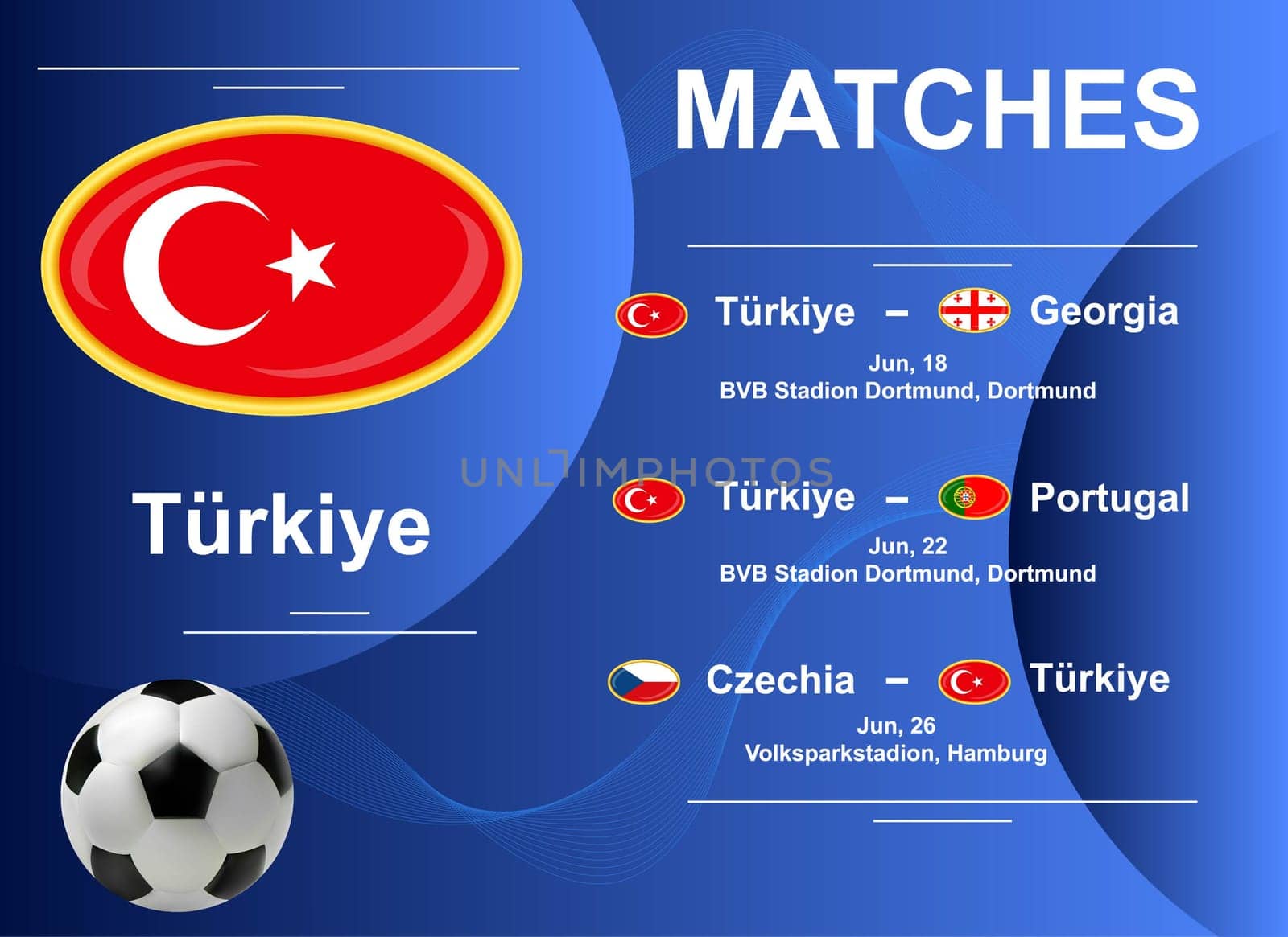 Schedule of matches of the Turkish national team at the final stage of the European Football Championship 2024. Vector image.