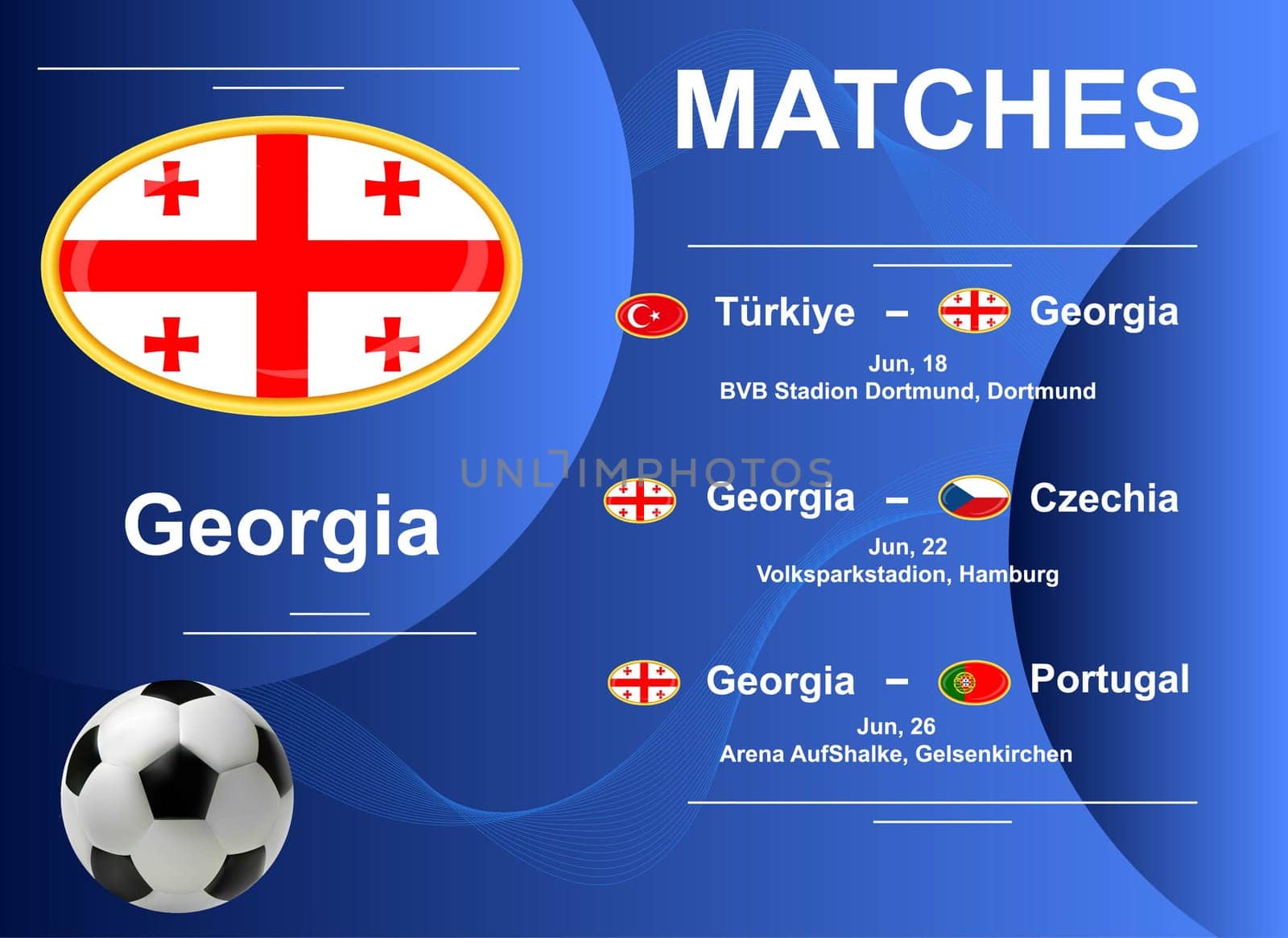 Schedule of matches of the Georgian national team at the final stage of the European Football Championship 2024. Vector image.