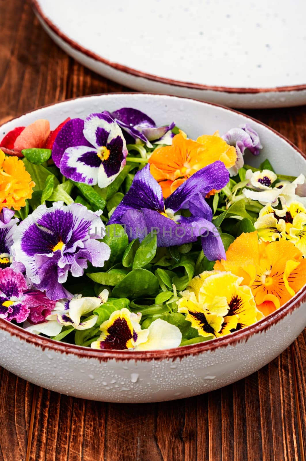Plate with detox seasonal colorful edible flower salad.