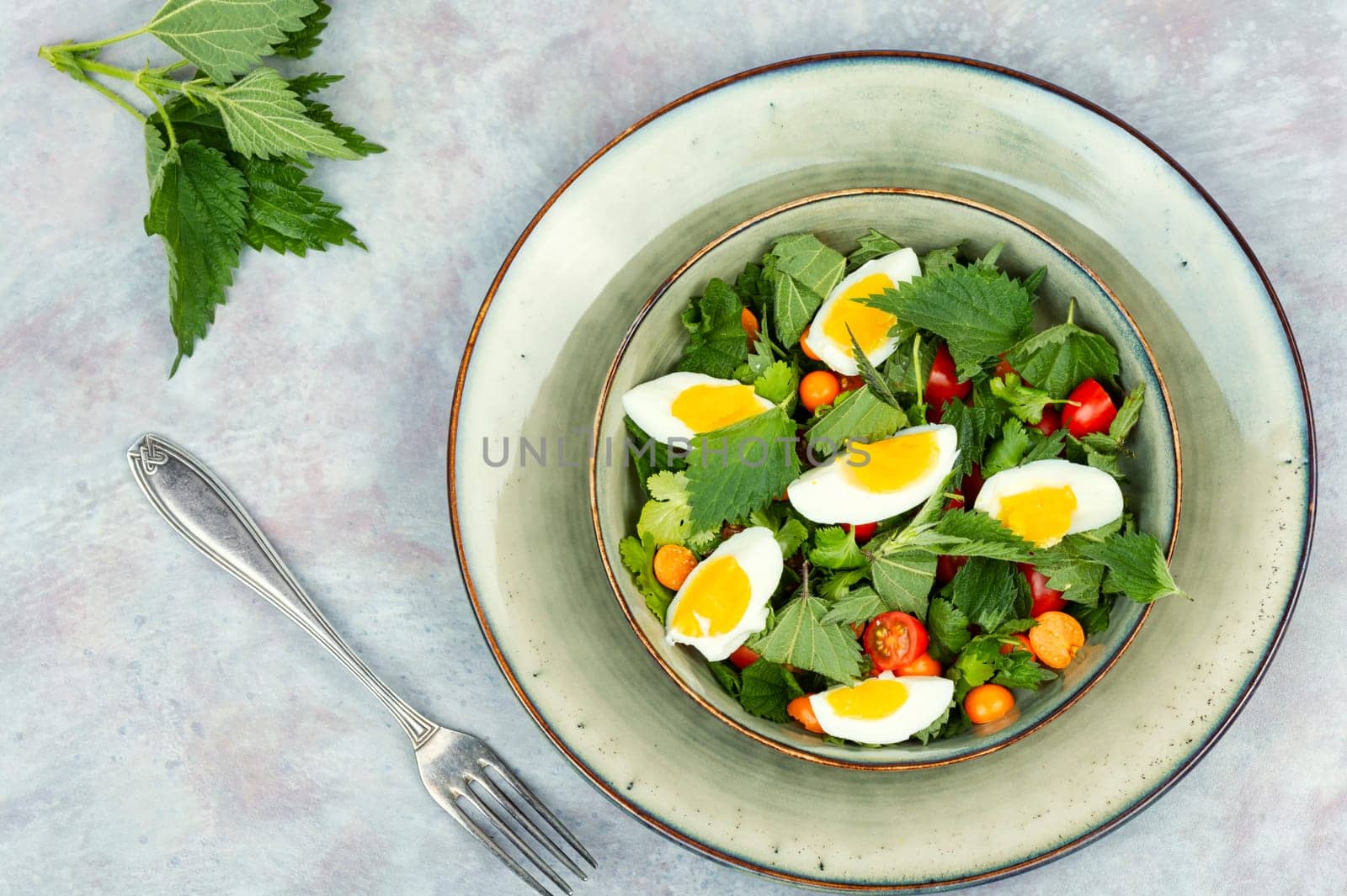 Bowl with salad of nettle leaves, eggs and tomatoes. Healthy spring detox food.