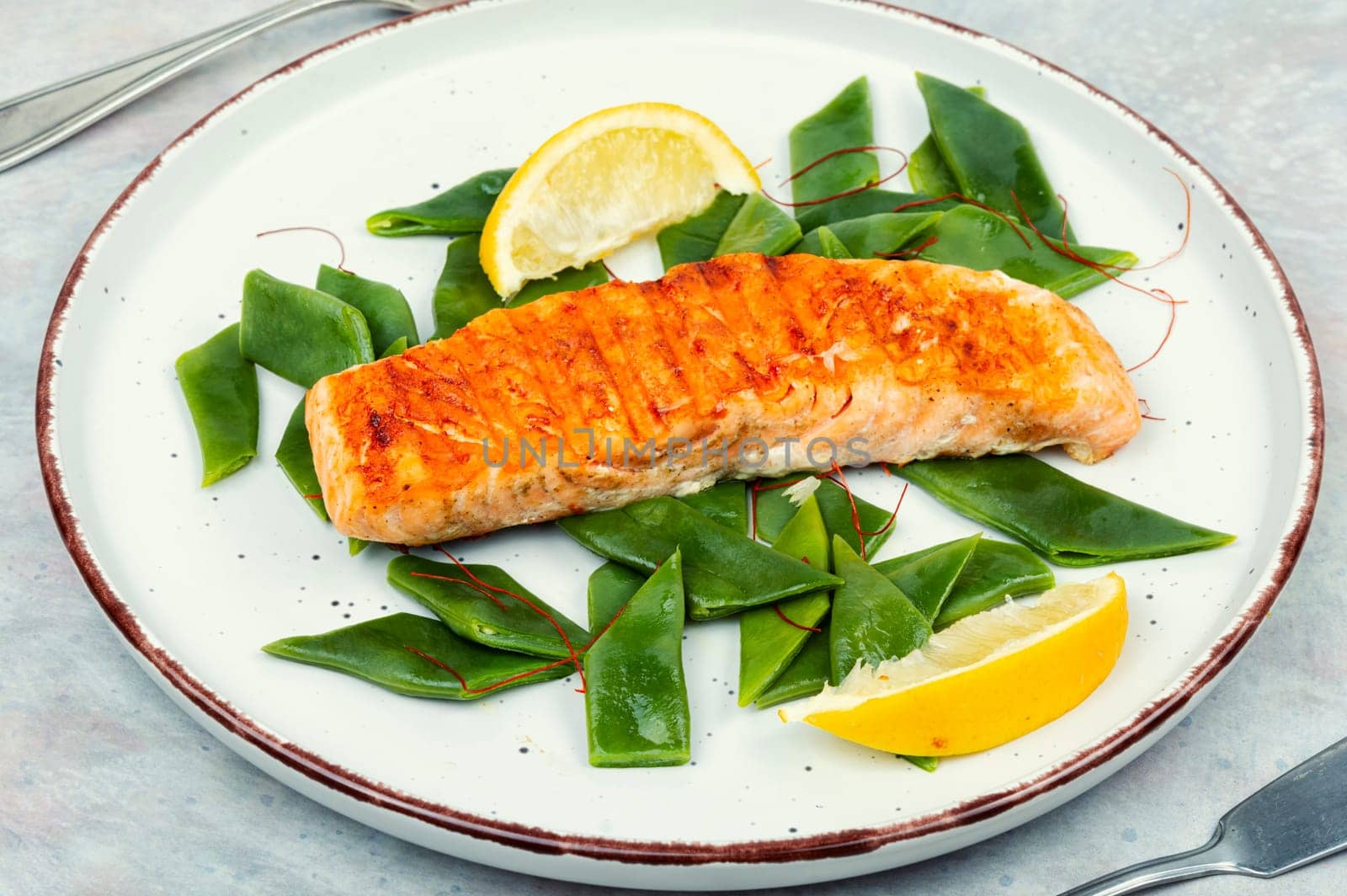 Seared salmon steak with green bean. Top view.