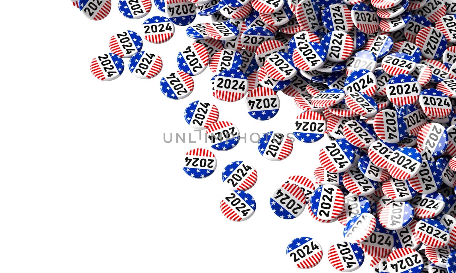Multitude of 2024-related campaign buttons cascade into view, isolated on white