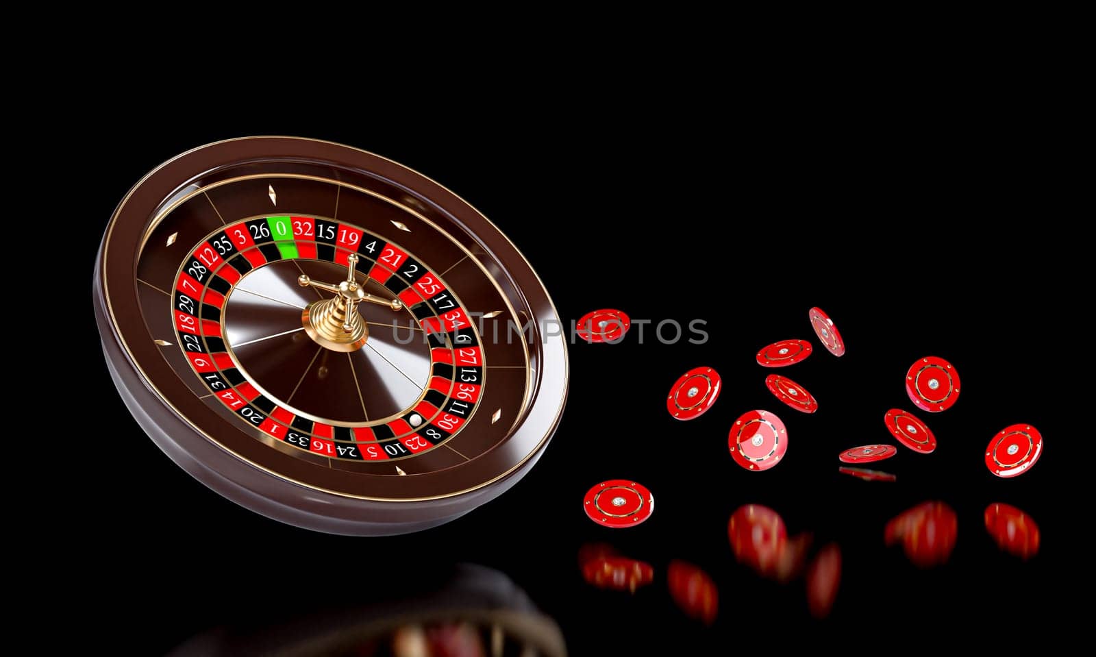 Spinning casino roulette wheel with flying chips 3d render