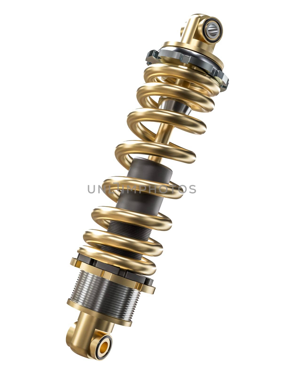 3d rendering of a gold and black shock absorber isolated on a white background