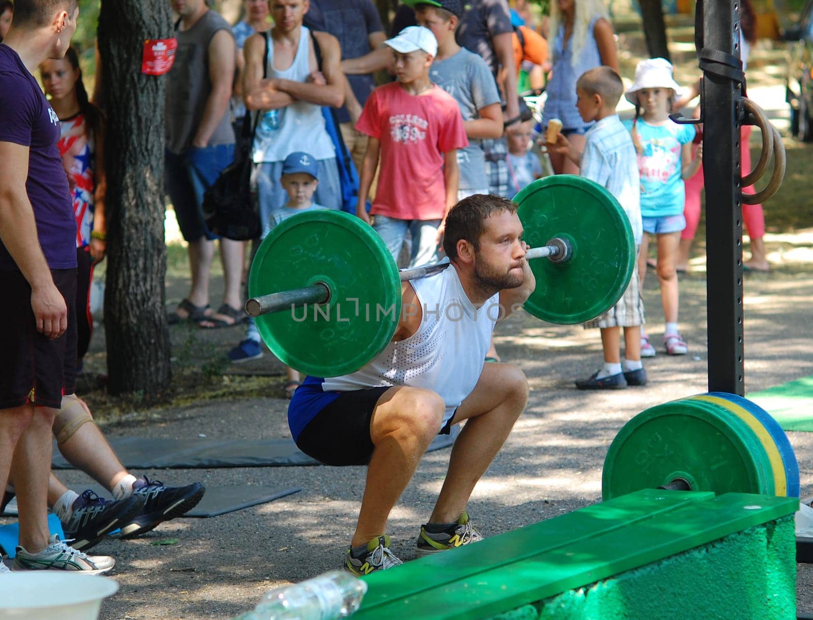 Russia, Volgodonsk - may 17, 2015: Training over the bar. Weight lifting exercise with weights