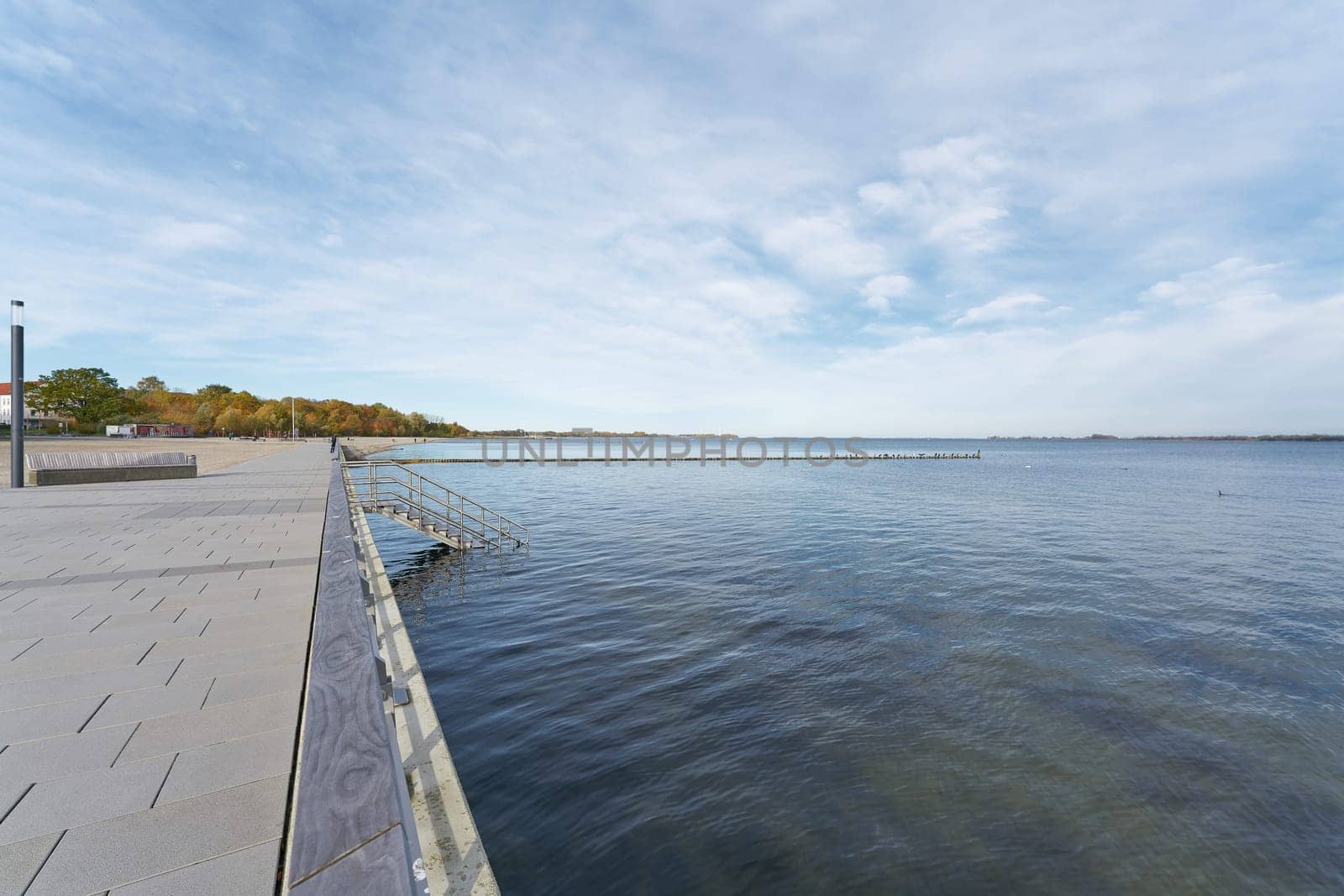 View along the Sundpromenade of the Hanseatic city of Stralsund on the Strelasund in Germany