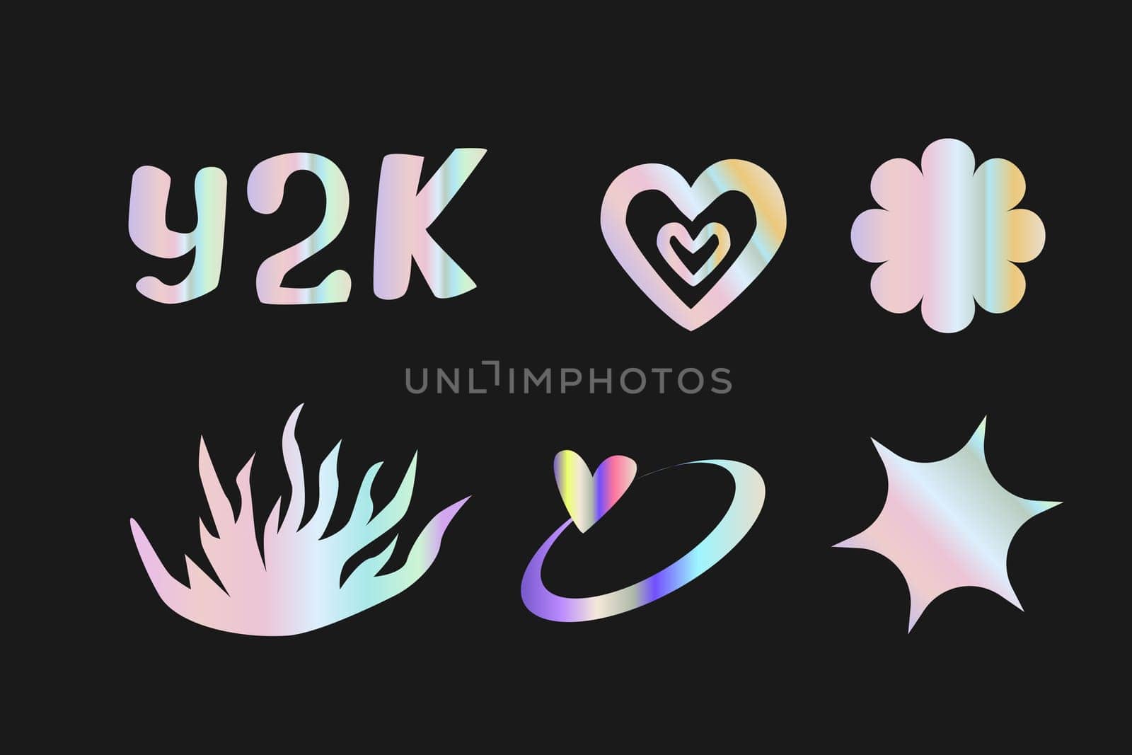 Y2k elements set with gradient, 2000s holographic stickers in retro 00s style. Can use for vector futuristic banner, poster, greeting card. Abstract aesthetic y2k set, silver shapes with quotes