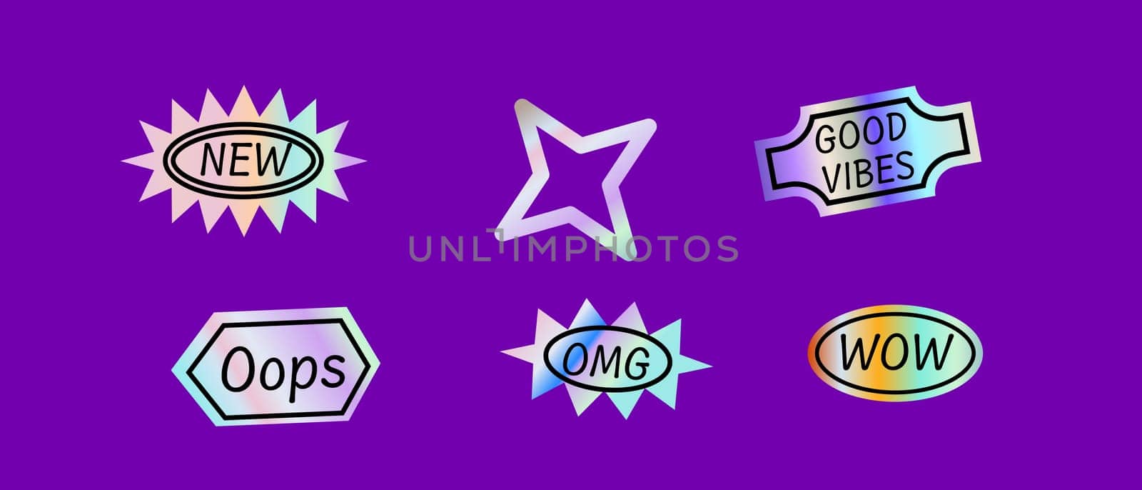 Y2k elements set with gradient, 2000s holographic stickers in retro 00s style. Can use for vector futuristic banner, poster, greeting card. Abstract aesthetic y2k set, silver shapes with quotes
