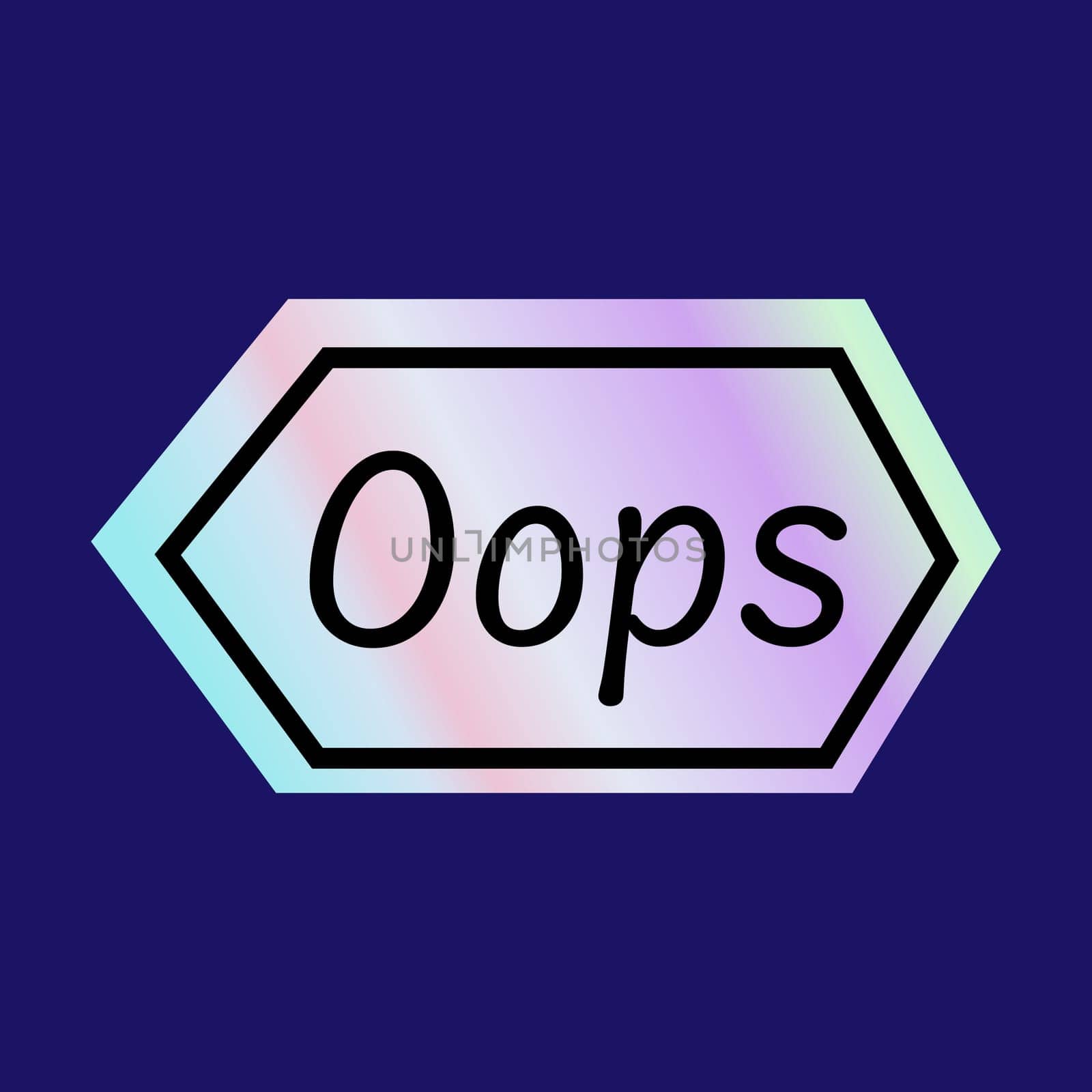 Y2k gradient element, 2000s sticker Oops with hologram, vector futuristic style, trendy chrome shape. Abstract aesthetic retro element.