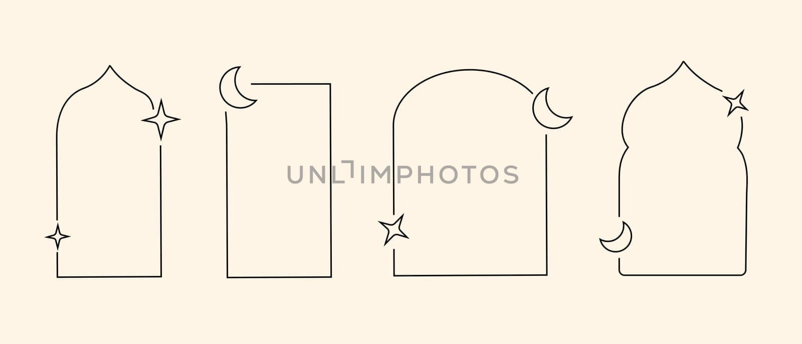y2k retro elements set, 90s or 2000s elements of arch, moon and stars, shapes in minimalistic islamic style.