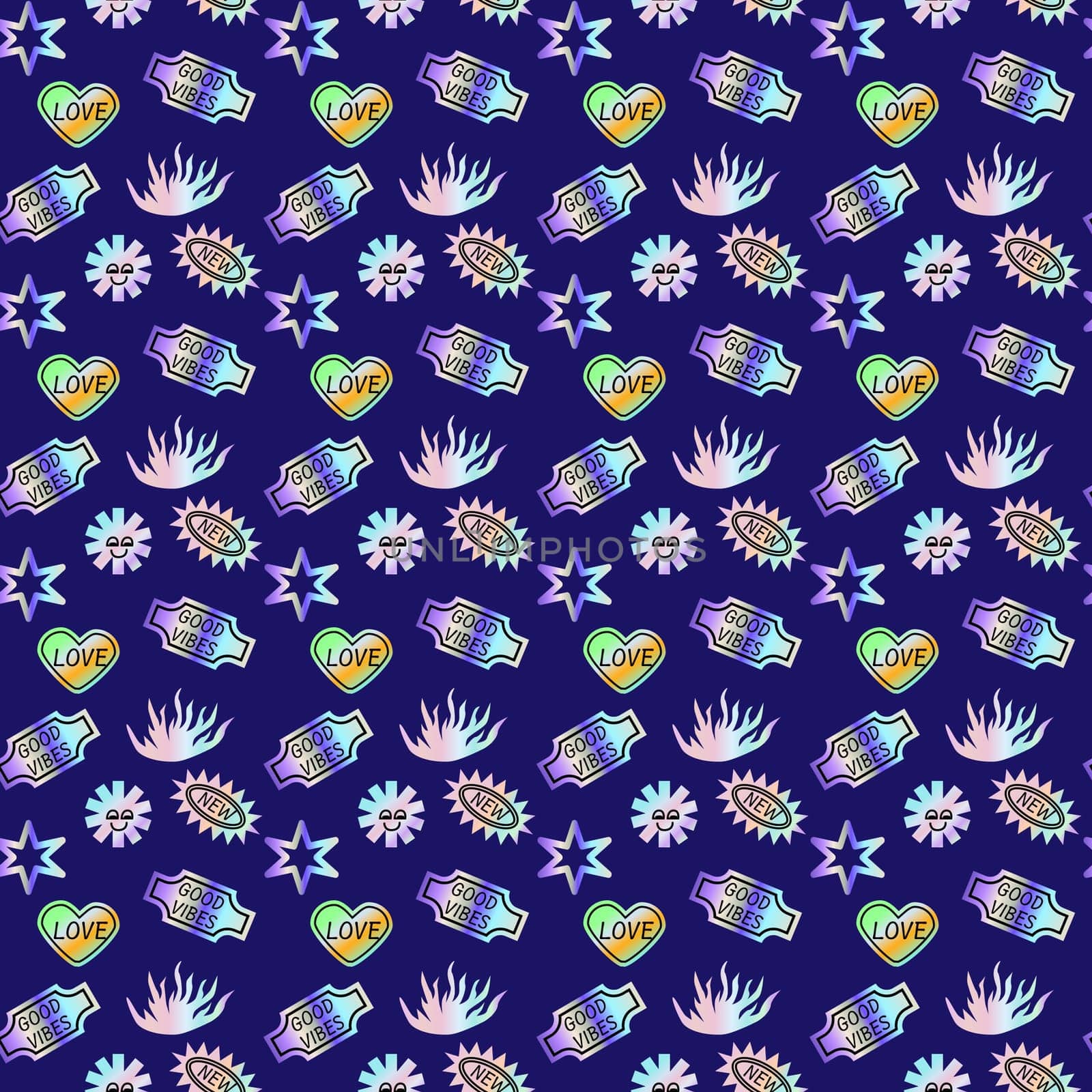 2000s pattern with hologram stickers, smiling, quotes and shining shapes. y2k elements seamless pattern or background. Futuristic retro design.