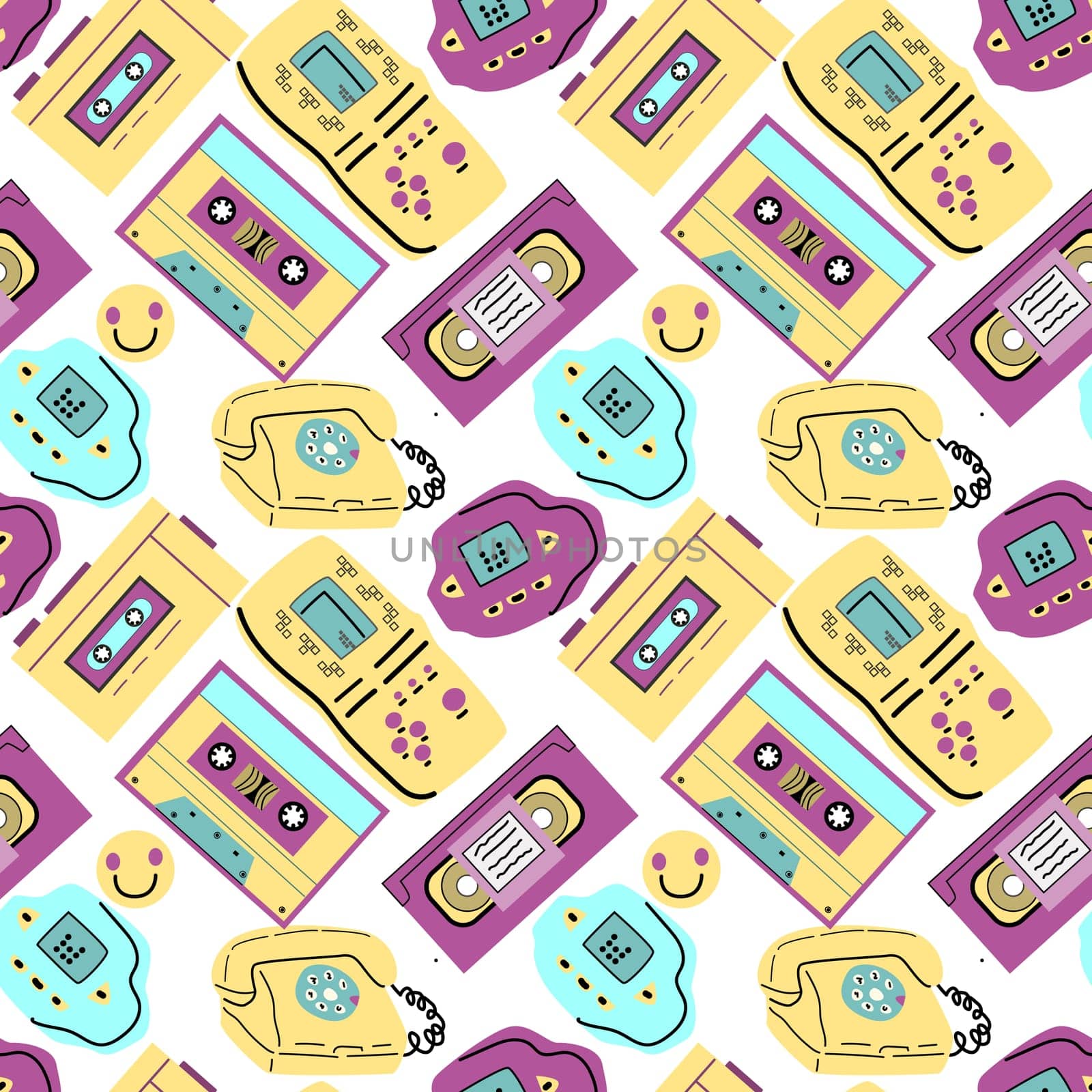 90s retro element seamless pattern, retro style, game and music items. Can use for stickers, banner, greeting card. wallpaper, textile, music background.