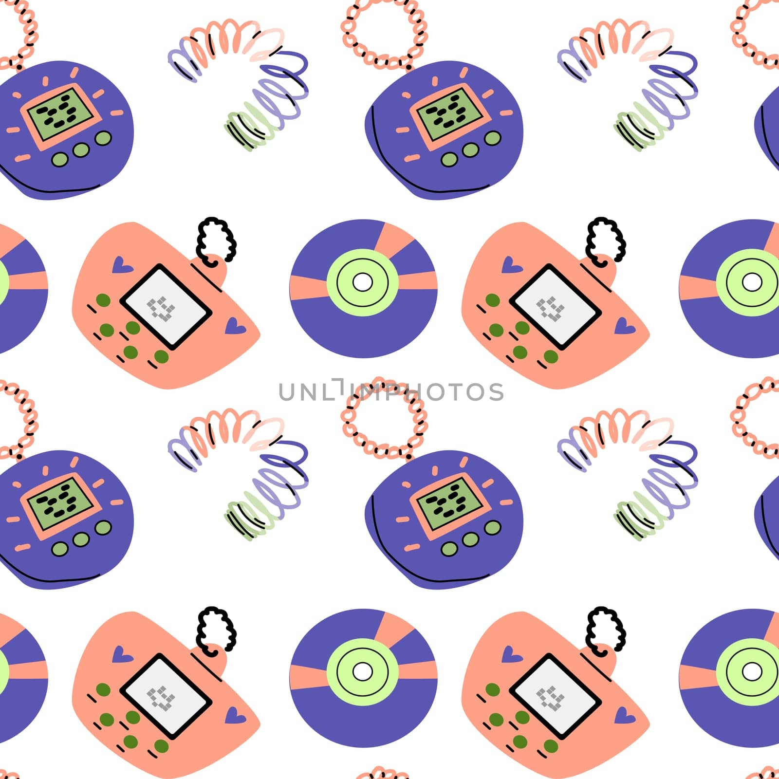90s retro element seamless pattern, retro style, game and music items. Can use for stickers, banner, greeting card. wallpaper, textile, music background.