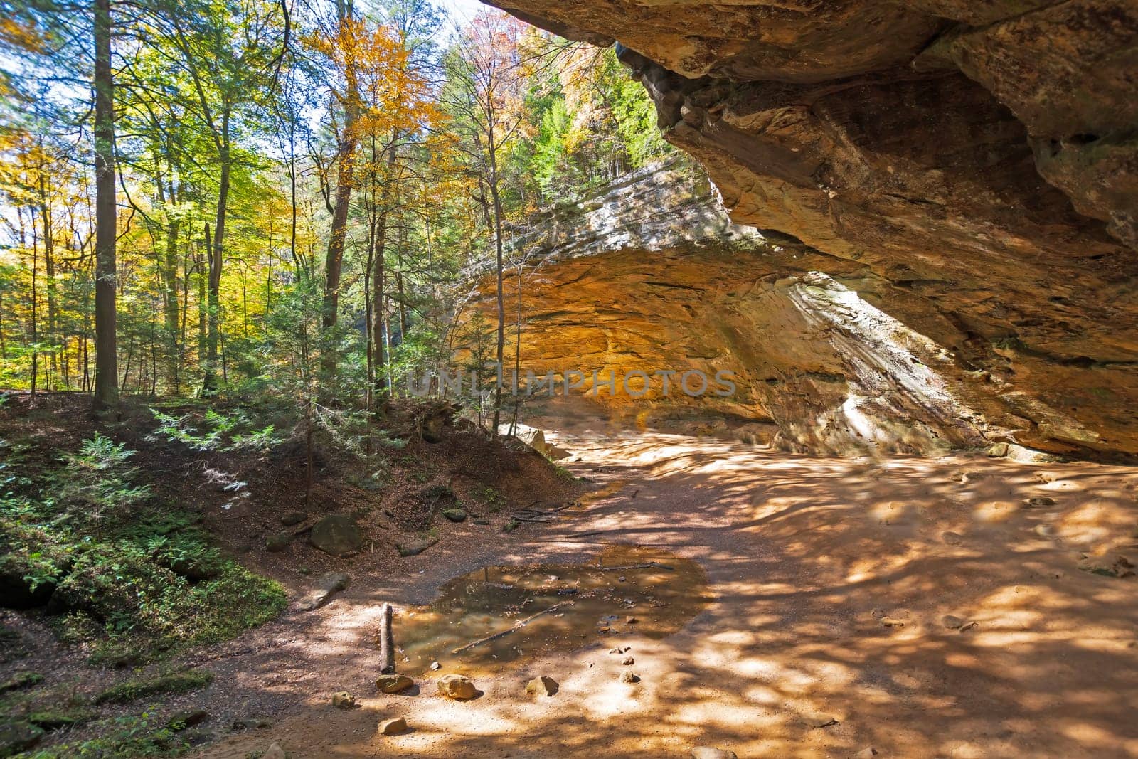 Limestone Ash Cave in the Fall Forest in Hocking Hills State Park in Ohio