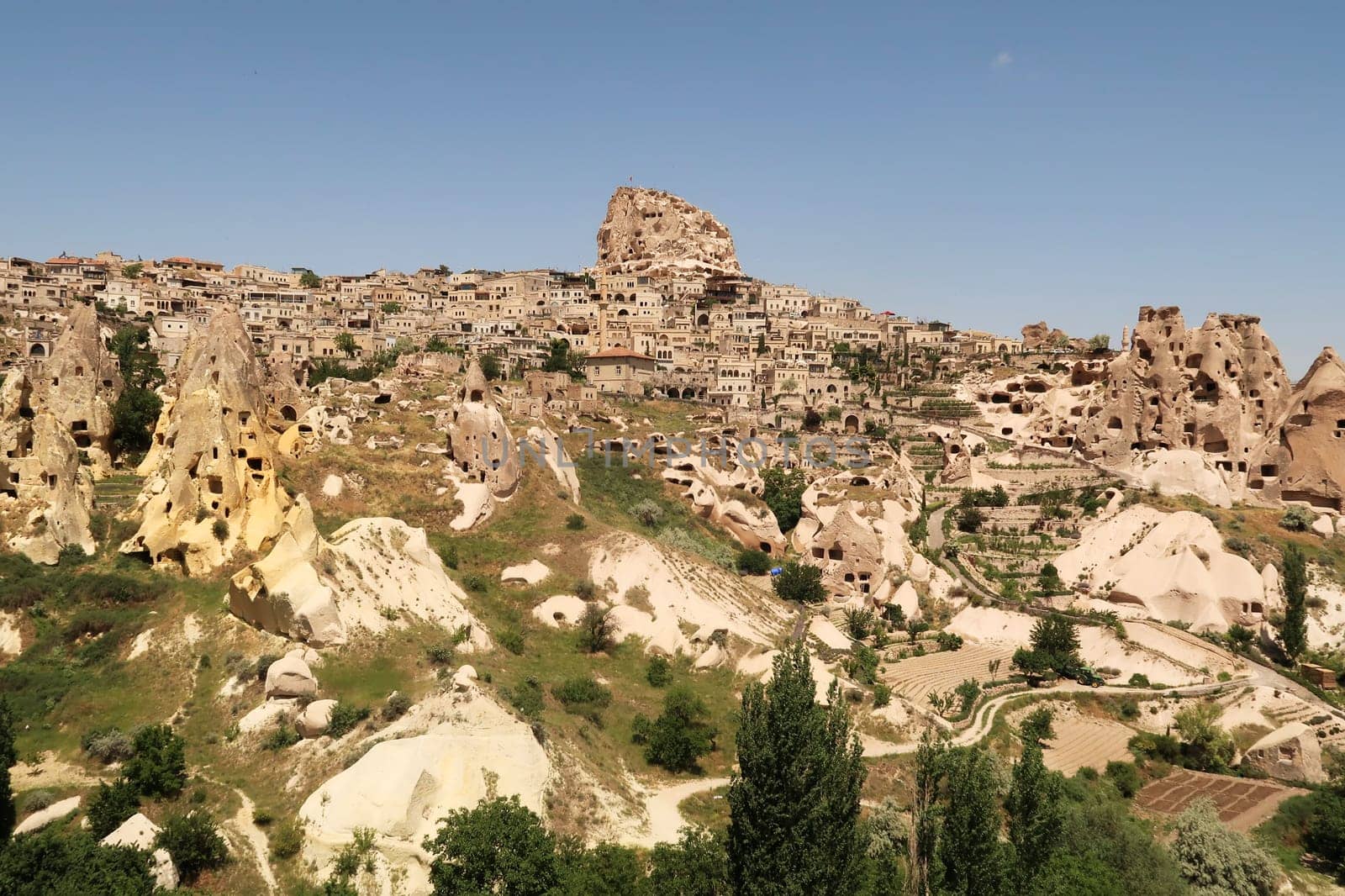 View onto the town of Uchisar, close to the Pigeon Valley, Güvercinlik Vadisi, Cappadocia, Turkey 2022