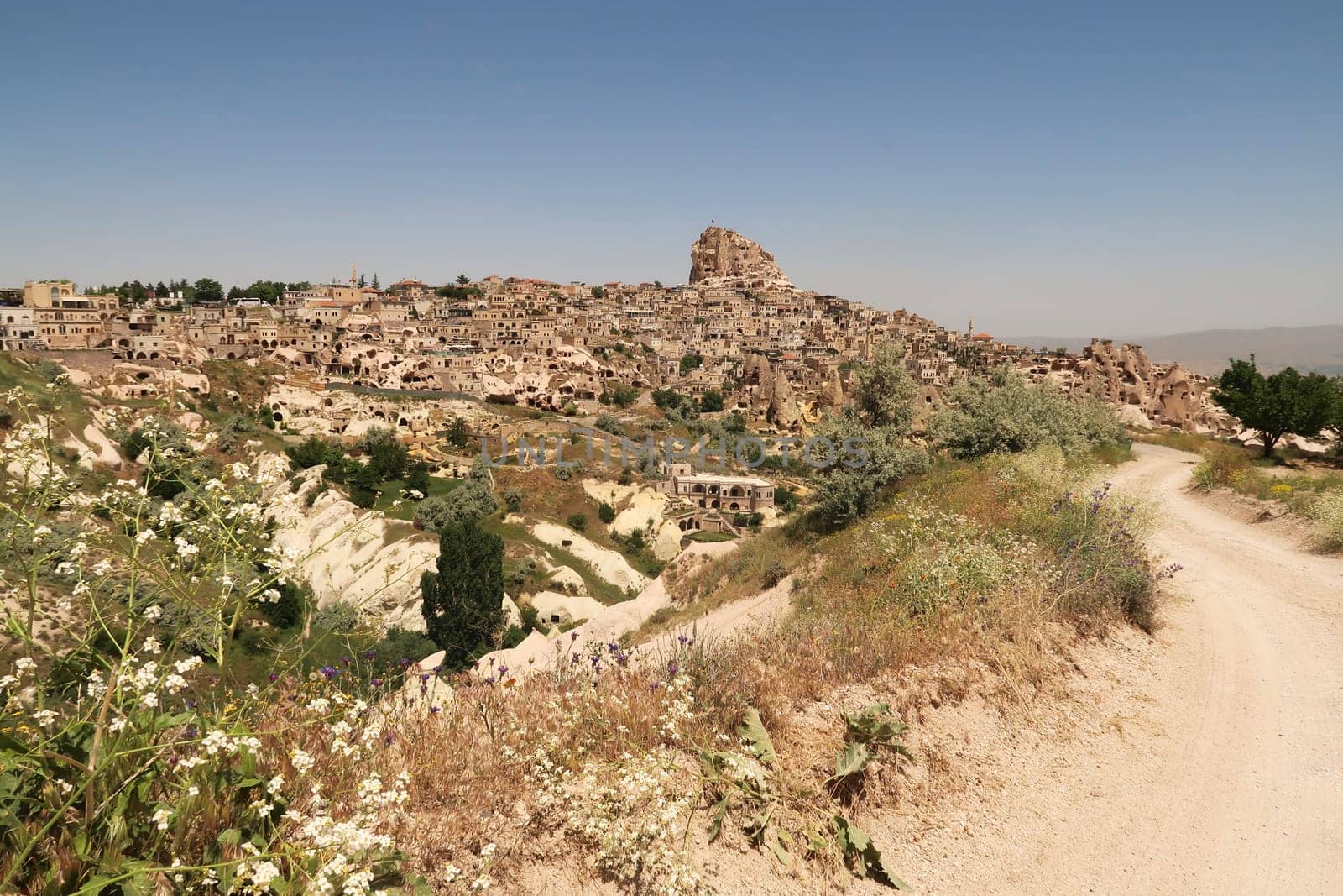 Spectacular view onto the town of Uchisar, close to the Pigeon Valley, Güvercinlik Vadisi, Cappadocia, Turkey 2022