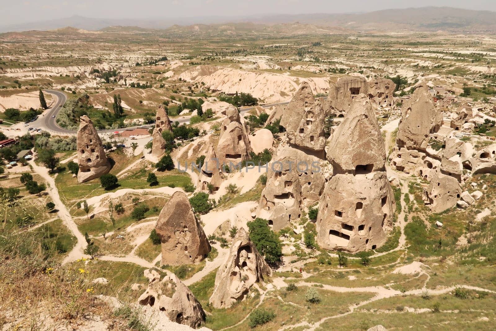 View onto some fairy chimneys from the Castle, Kalesi of Uchisar, Cappadocia, Turkey 2022