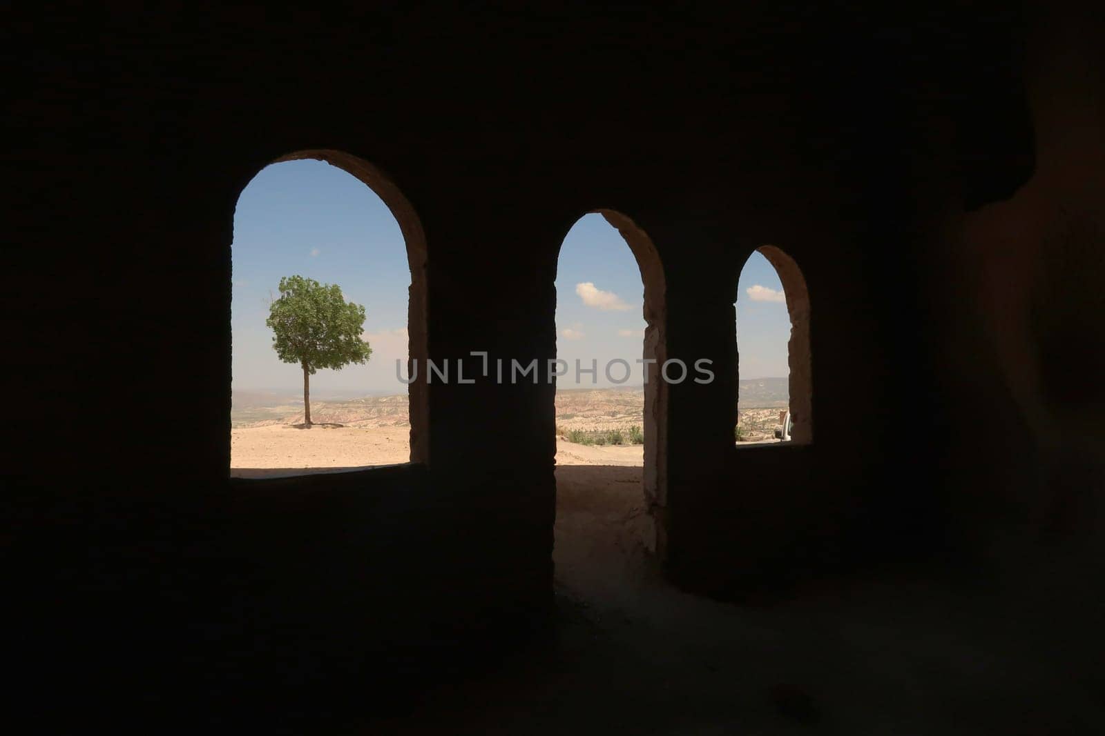 View out of some windows of the Uchisar Castle, Kalesi onto a tree and the landscape of Cappadocia, Turkey 2022