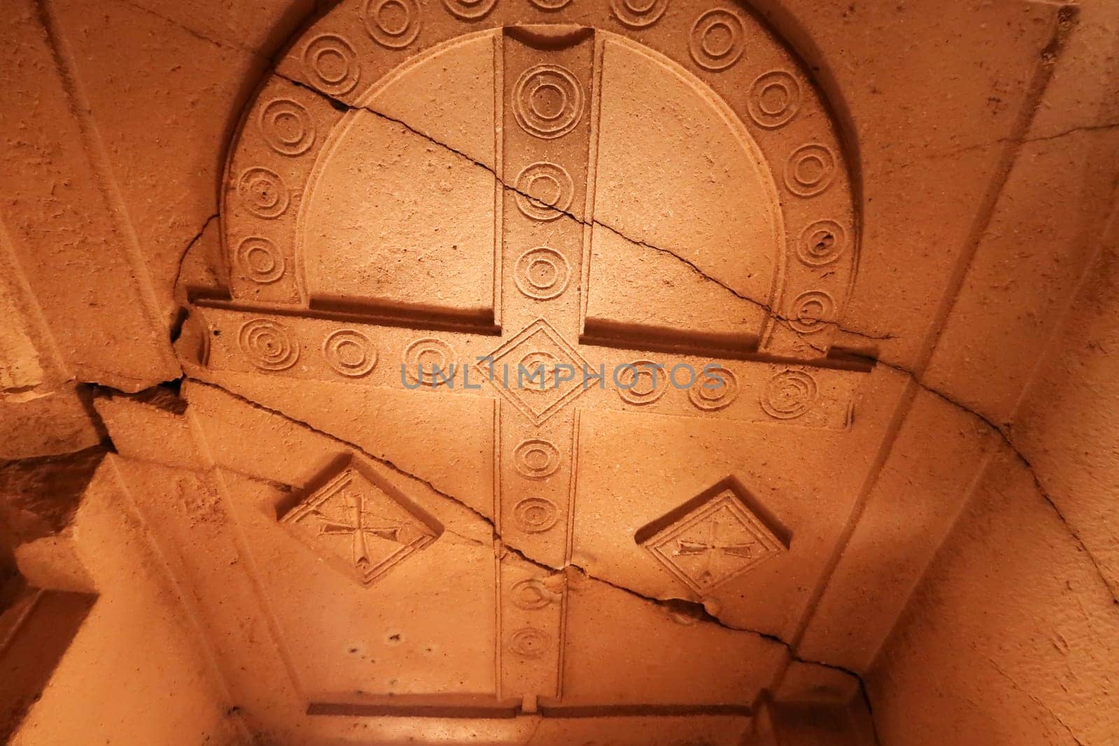 The famous ceiling cross in the Cross, Crusader Church, Hacli Kilise in the Red Valley, Kizilcukur Vadisi close to Göreme, Cavusin, Cappadocia, Turkey 2022