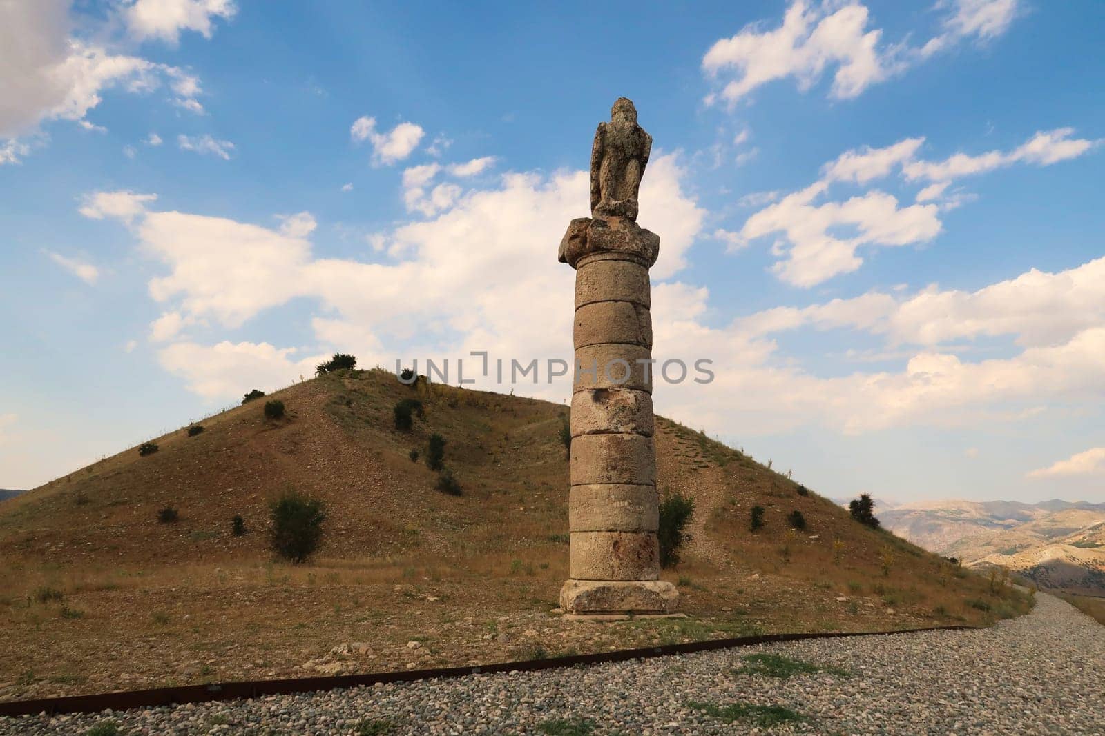 Eagle statue on the southern pillar in front of the Karakus Tumulus, memorial grave of the Commagene Royal Family, close to Adiyaman, Turkey 2022