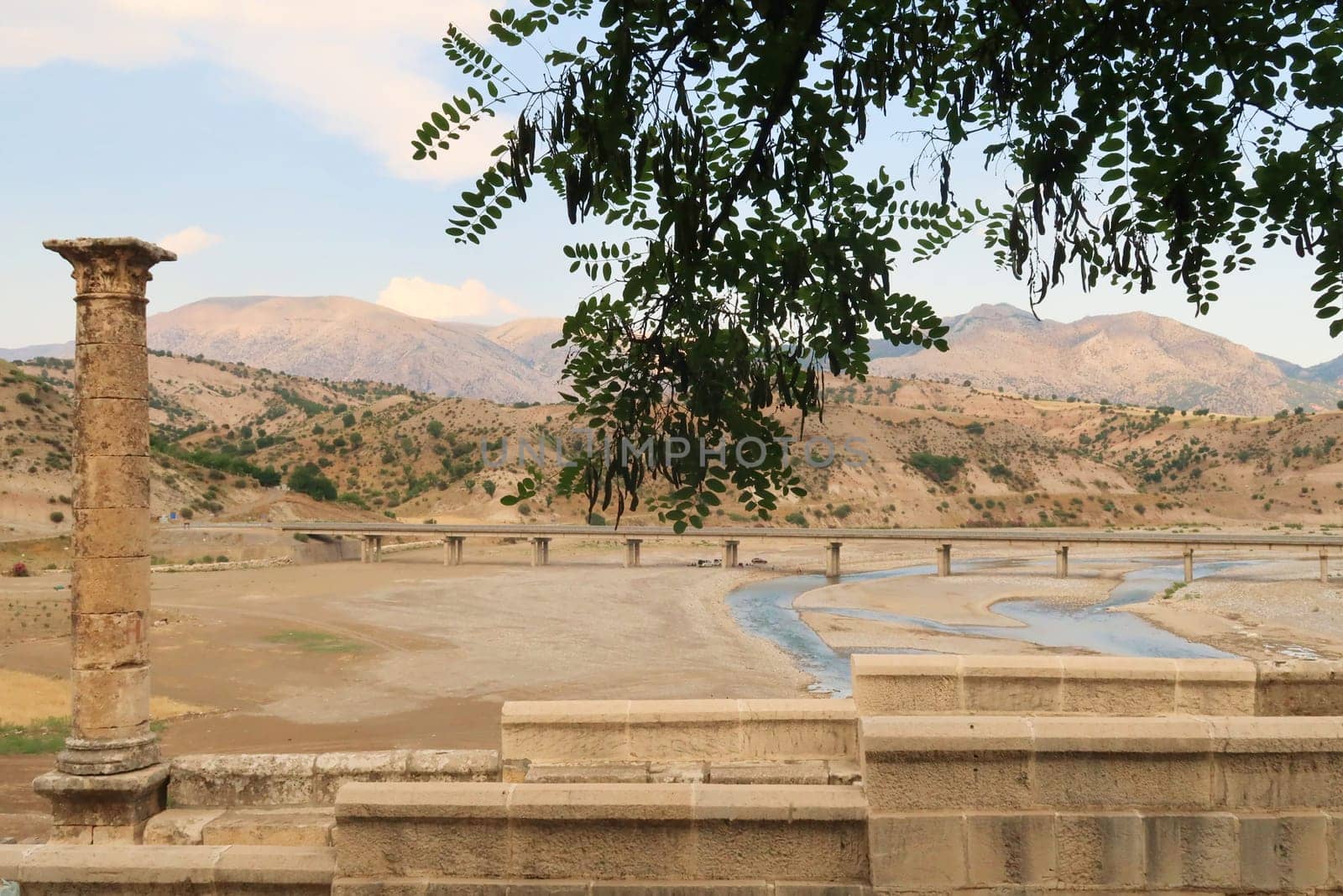 View from the Severan, Cendere onto the riverbed behind it, close to Adiyaman, Turkey 2022