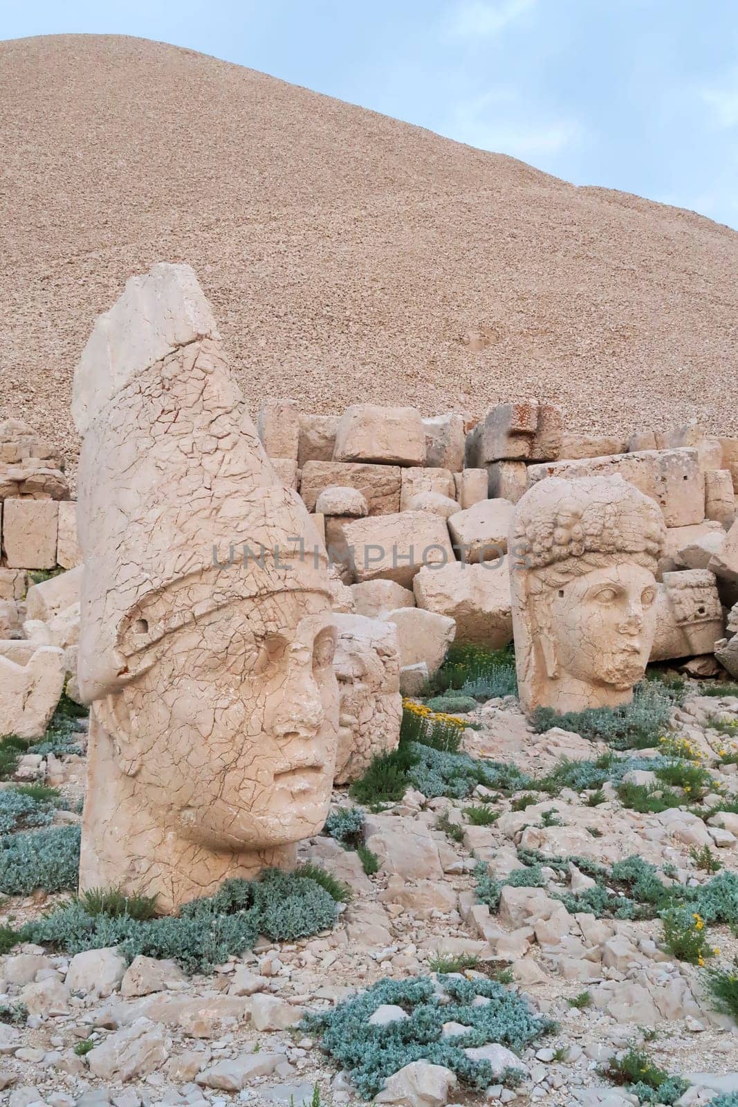 Heads of stone statues, sculptures on the West Terrace of Mount Nemrut, heads of King Antiochus and the Goddess of Commagene, close to Adiyaman, Turkey 2022