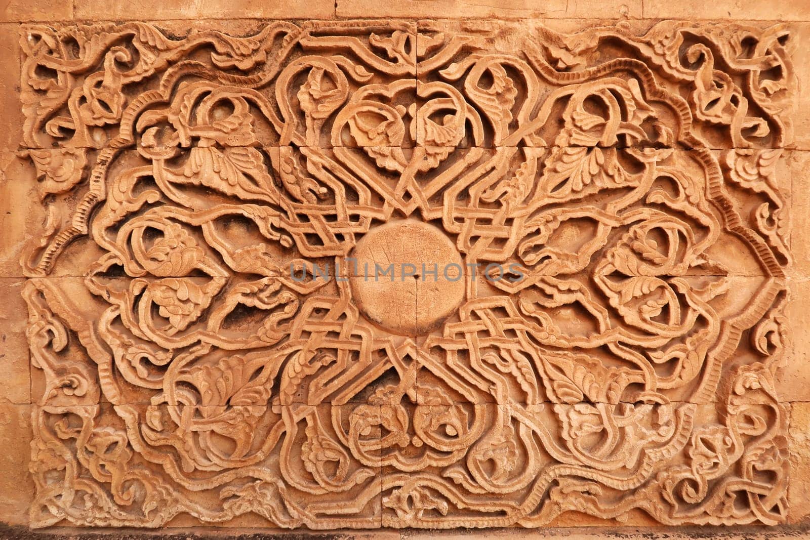 Elaborate ottoman pattern carved on a wall in the second court inside the Ishak Pasha Palace, Sarayi, Dogubeyazit, Turkey 2022