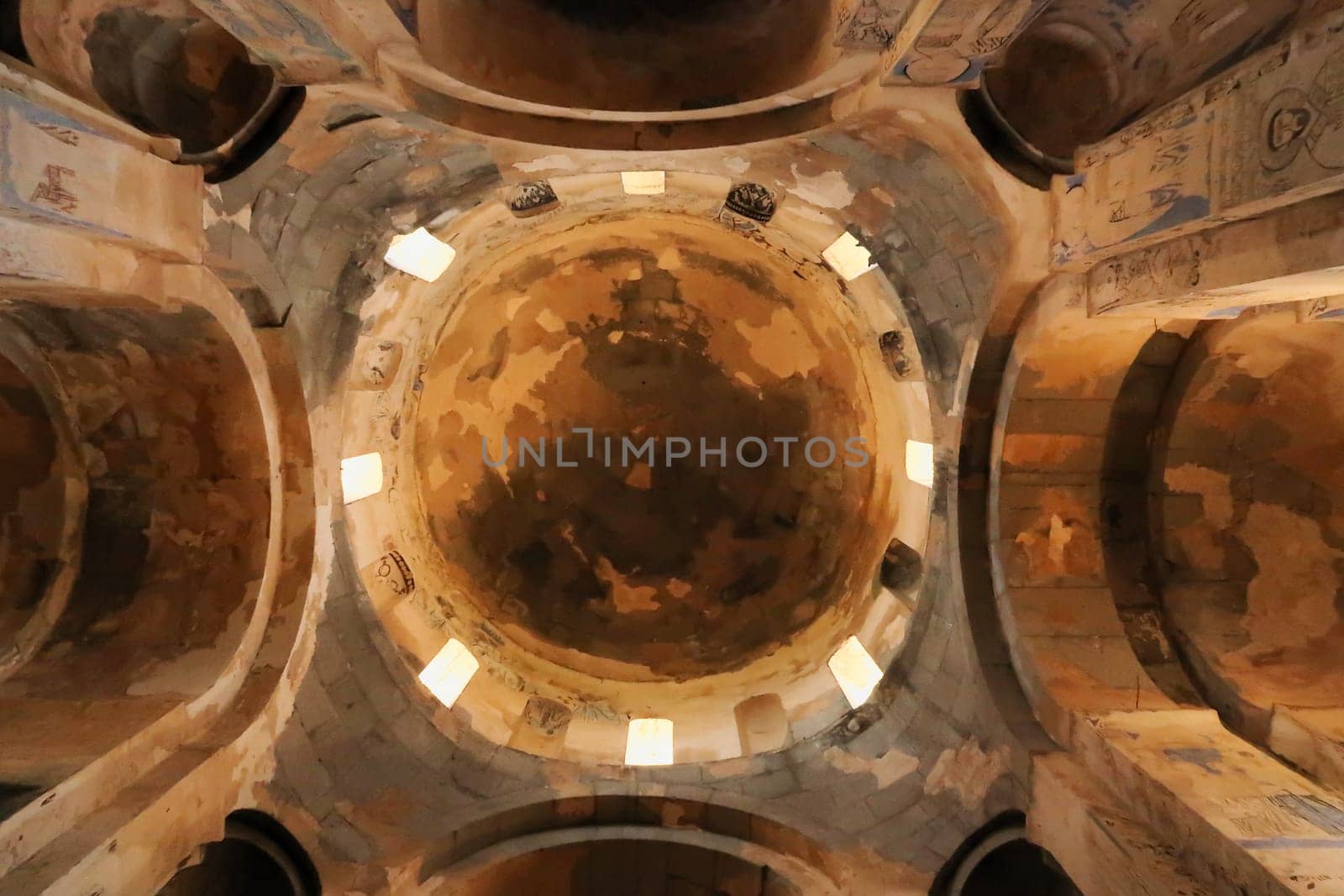 The ceiling of the Armenian Cathedral of the Holy Cross, vaults, a cupola, dome and christian orthodox wall paintings and frescos, Akdamar Island, Lake Van, Turkey 2022