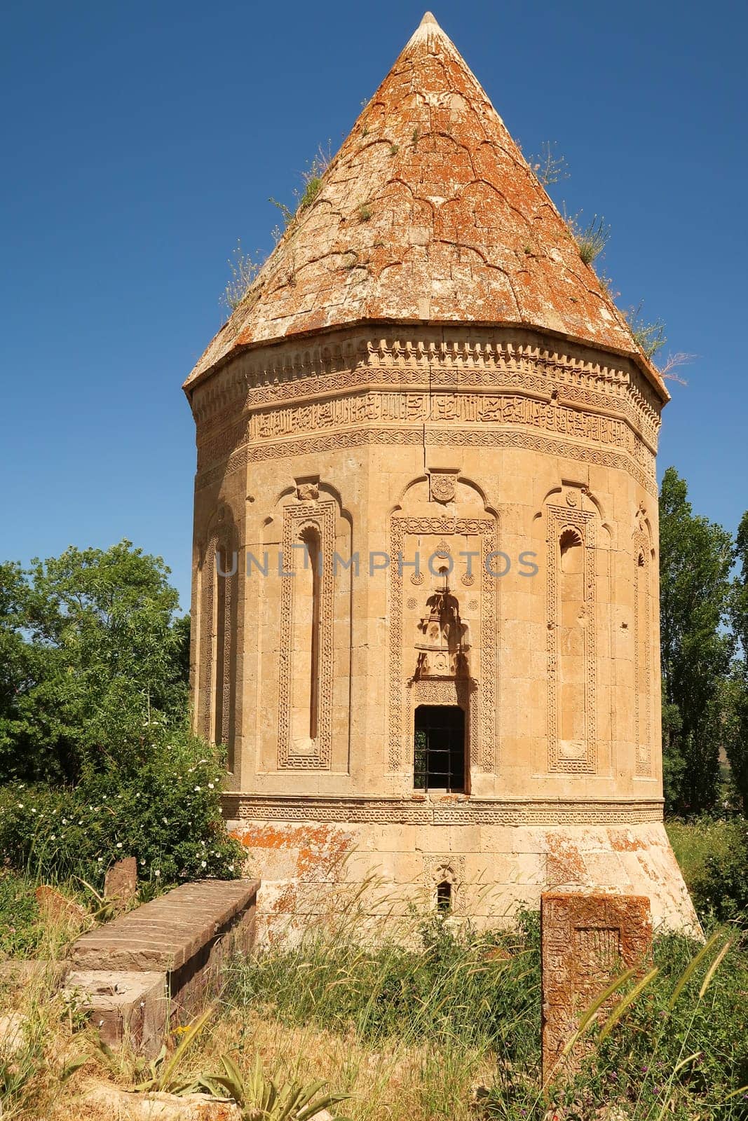 The beautiful Halime Hatun tomb, grave, mausoleum, Halime Hatun Kümbeti, close to Lake Van, Van Gölü, Gevas, Turkey 2022