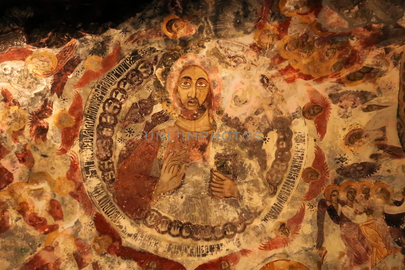 Christ Pantocrator Fresco, colorful ceiling painting, fresco, wall painting of Jesus, inside the Rock Church at Sumela, Sümela Monastery, Trabzon, Turkey 2022
