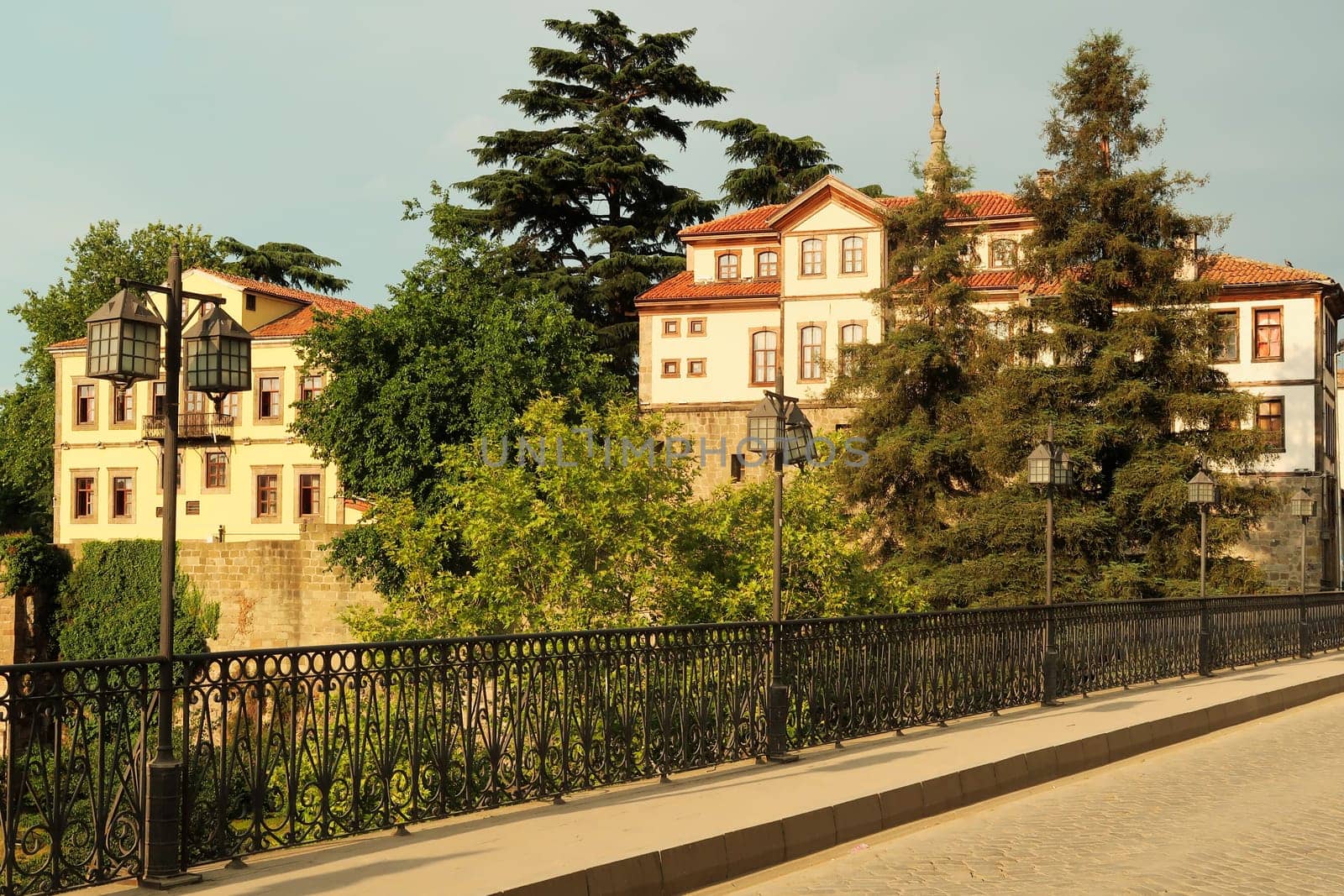 The picturesque Zagnos Pasha Bridge, Zagnos Pasa Köprüsü, cobble stone street, old street lantern and railing and traditional houses in the background, Trabzon, Turkey 2022