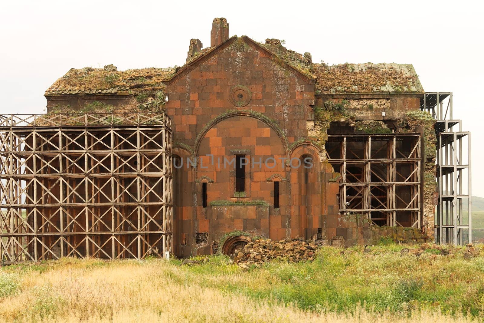 Facade of the Cathedral of Ani, Church of the Holy Mother of God at the ancient site of Ani, an abandoned ruined armenian city, close to Kars, Turkey 2022