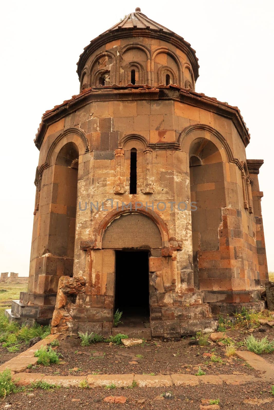 The front facade of the Church of St., Saint Gregory of Abughamir, Abughamrens, Abughamrents at the ancient site of Ani, an abandoned ruined armenian city, close to Kars, Turkey 2022