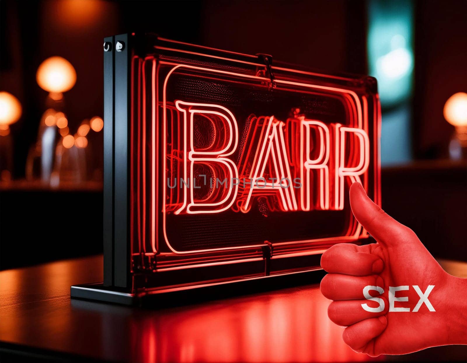 Realistic neon sign with pink erotic text for decoration and cover on the wall background. Concept of an erotic show and a nightclub.