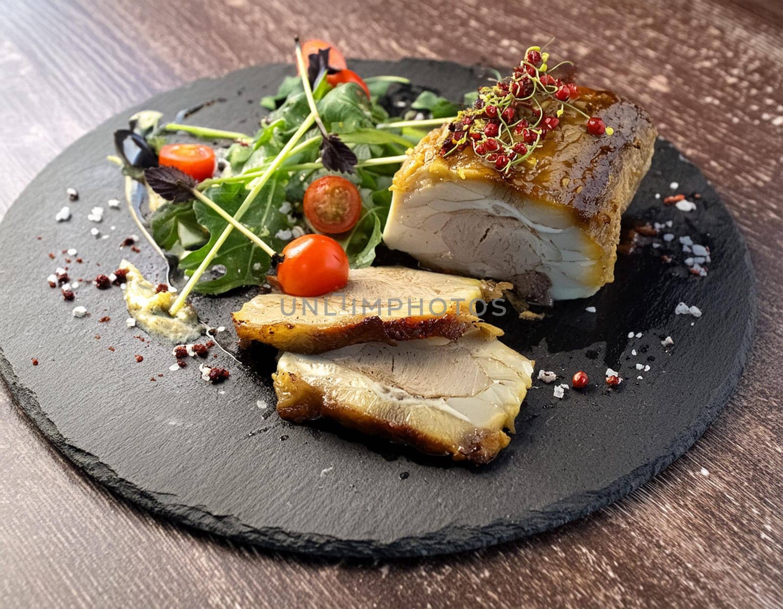 Sliced grilled pork from the grill on a wooden cutting board against a dark background, top view.