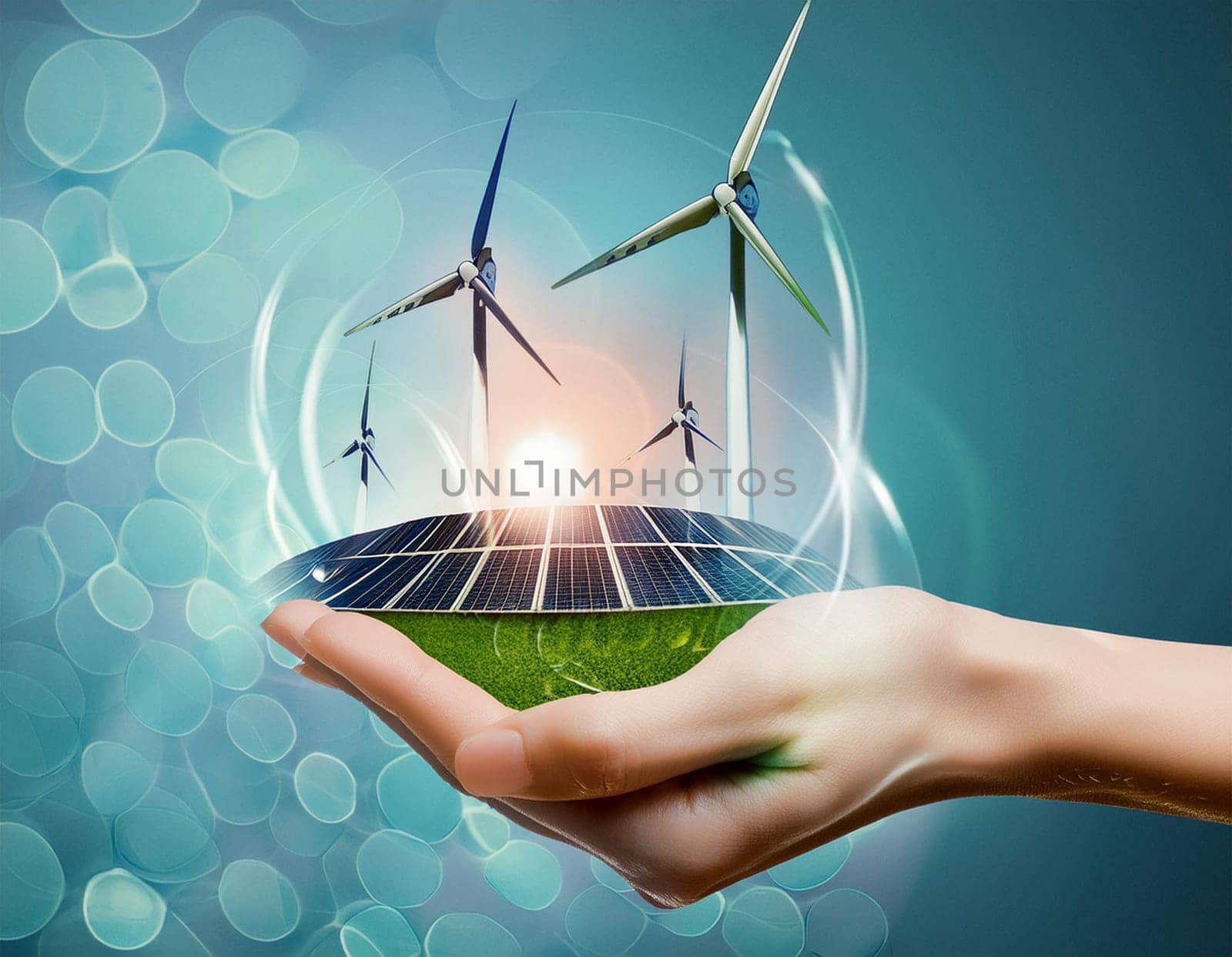 Wind turbine on human hand in front of the sky (Digital Composite)