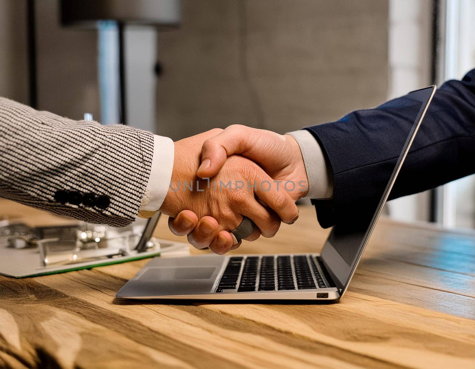 Handshake concept between a businessman and a person from the laptop screen.