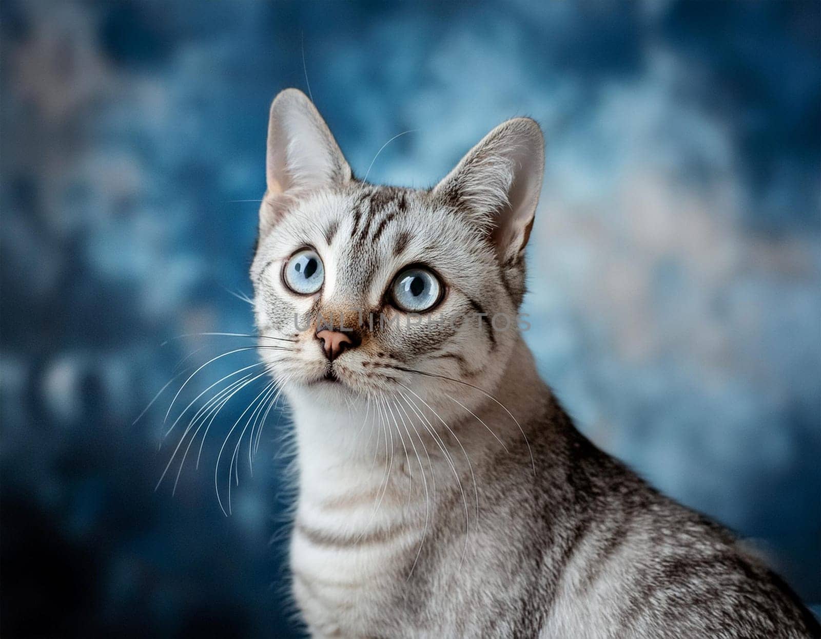 Close-up cat portrait against futuristic blue background