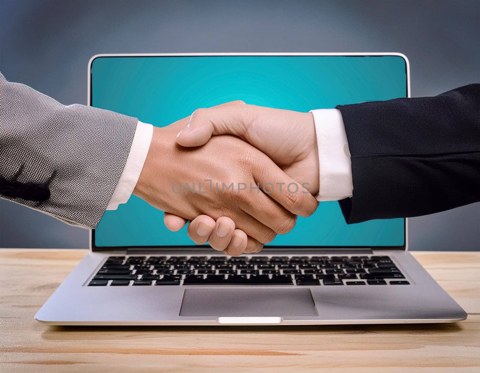 Handshake concept between a businessman and a person from the laptop screen.