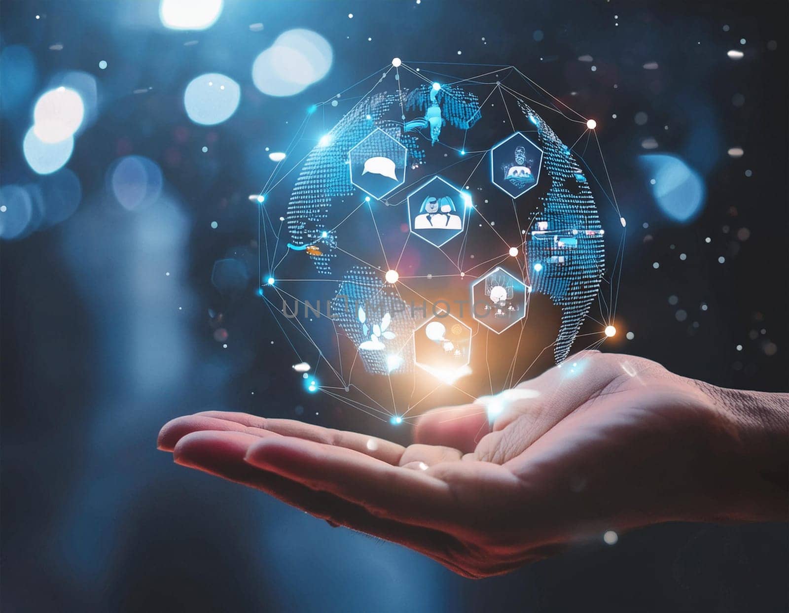 Hand holds virtual global internet connection metaverse. Application technology for global internet connections and digital marketing, finance and banking, digital connection technology, big data.