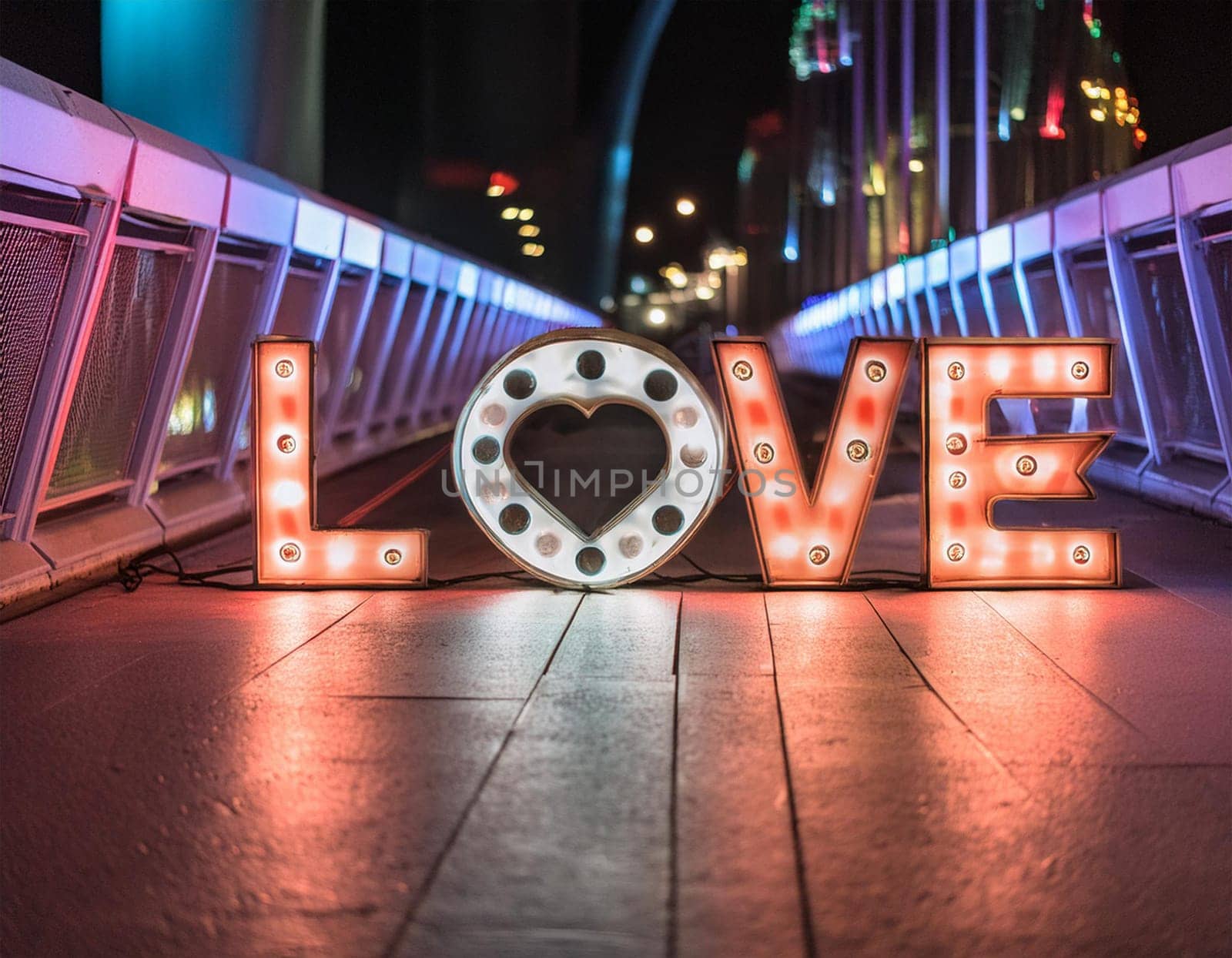 Word “Love” as neon lights on a Bridge