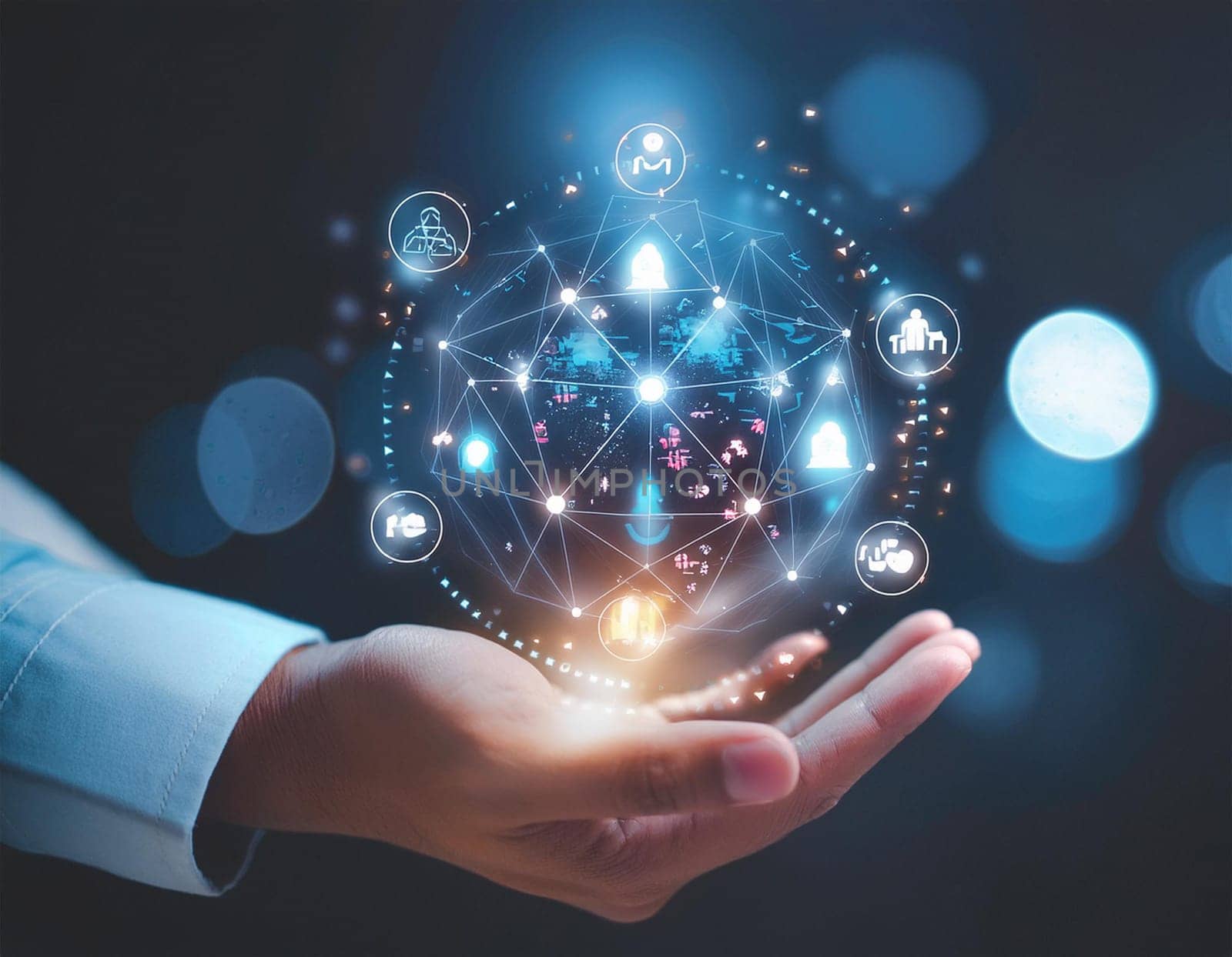 Hand holds virtual global internet connection metaverse. Application technology for global internet connections and digital marketing, finance and banking, digital connection technology, big data.