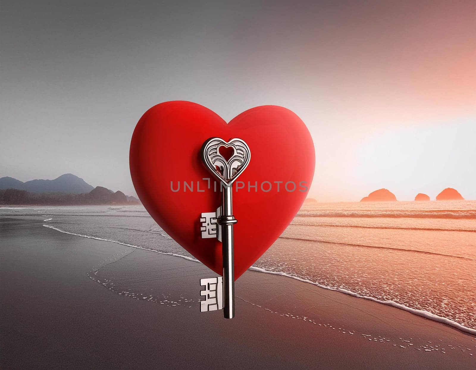 Small hand carved red heart with gold key on rustic wooden table - the key to your heart concept