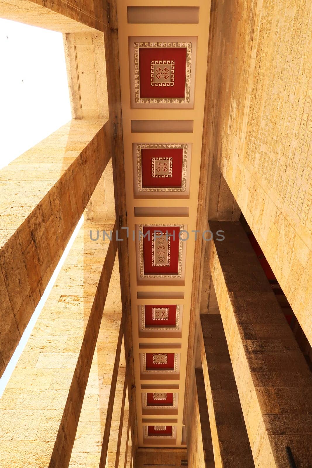 Collonade, aisle with colorful patterns, paintings on the ceiling at the Anitkabir monument, complex, memorial, Ankara, Turkey 2022