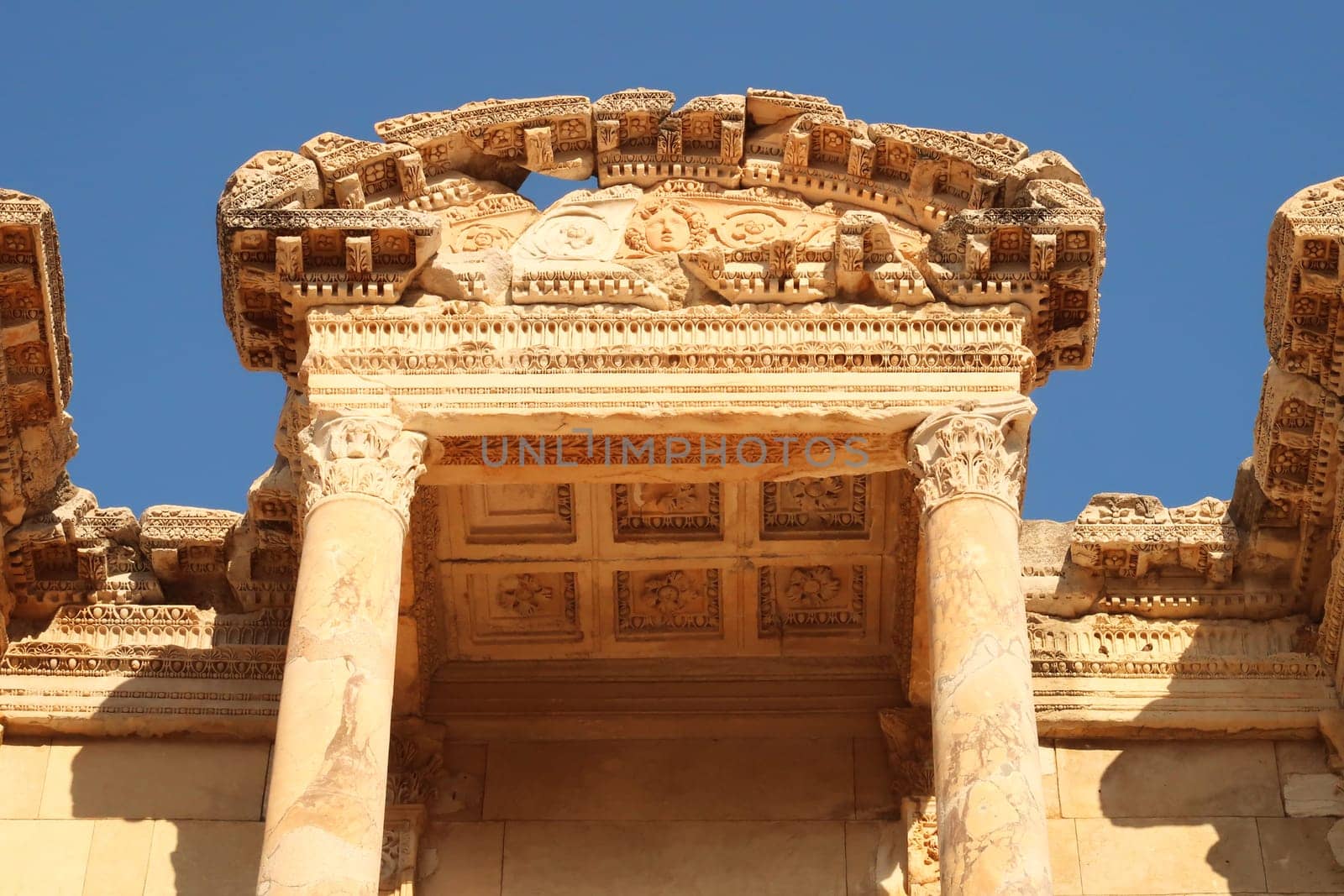 One of the little roofs of the elaborate facade of the Library of Celsus at Ephesus, Selcuk, Turkey 2022