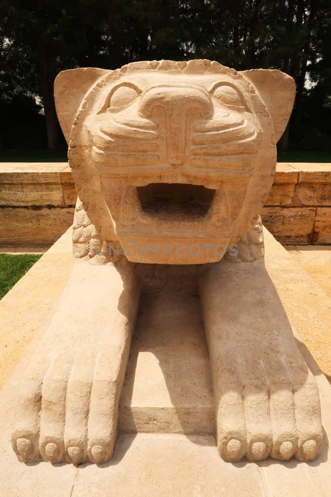One of the stone statues, sculptures that forms the Road of Lions at the Anitkabir monument, complex, memorial, Ankara Turkey 2022