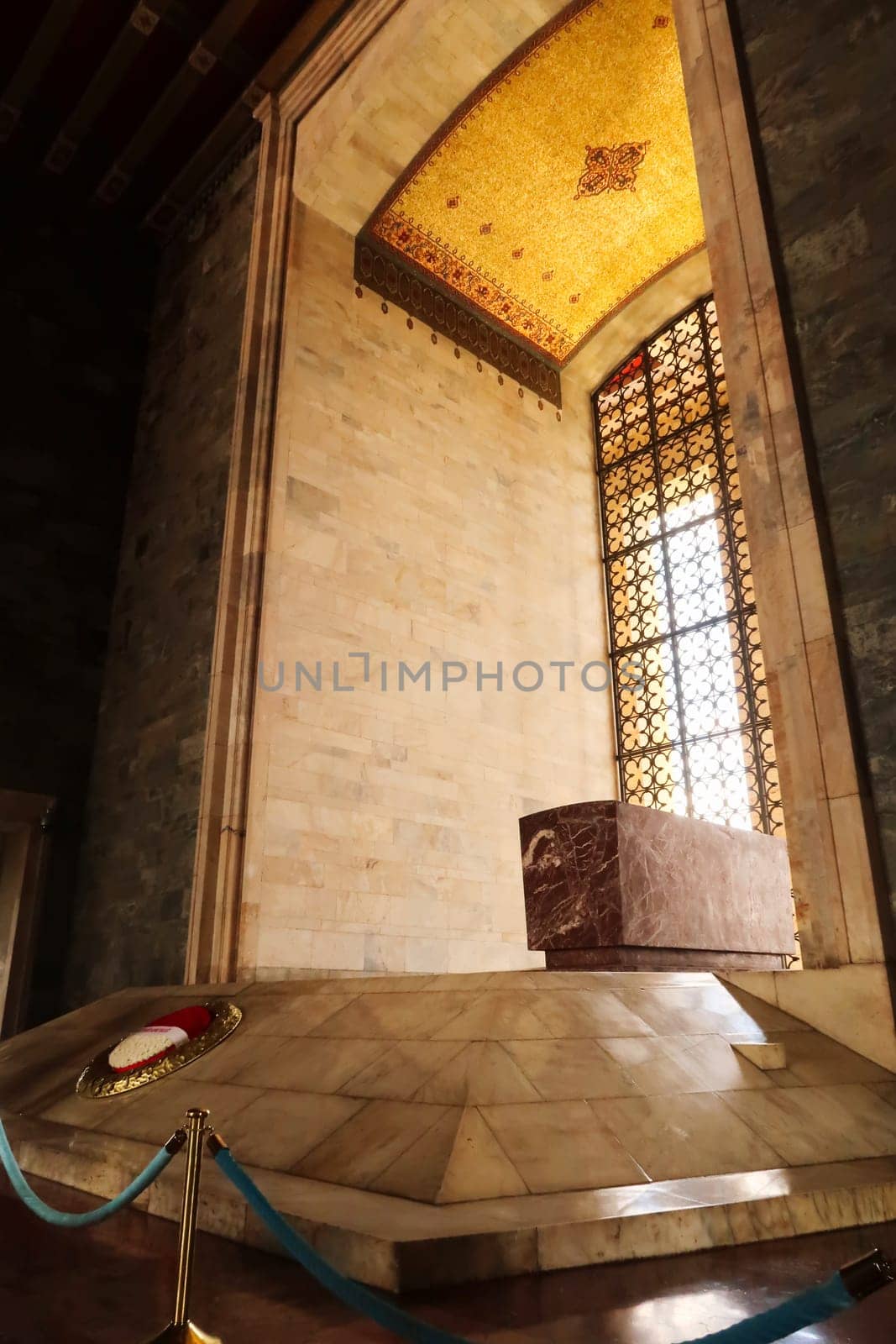 The tomb, grave, coffin of Mustafa Kemal Atatürk, Ataturk, founding father and first president of the Republik of Turkey, displayed in the Hall of Honor, a mausoleum inside the Anitkabir monument, memorial, complex, Ankara, Turkey 2022