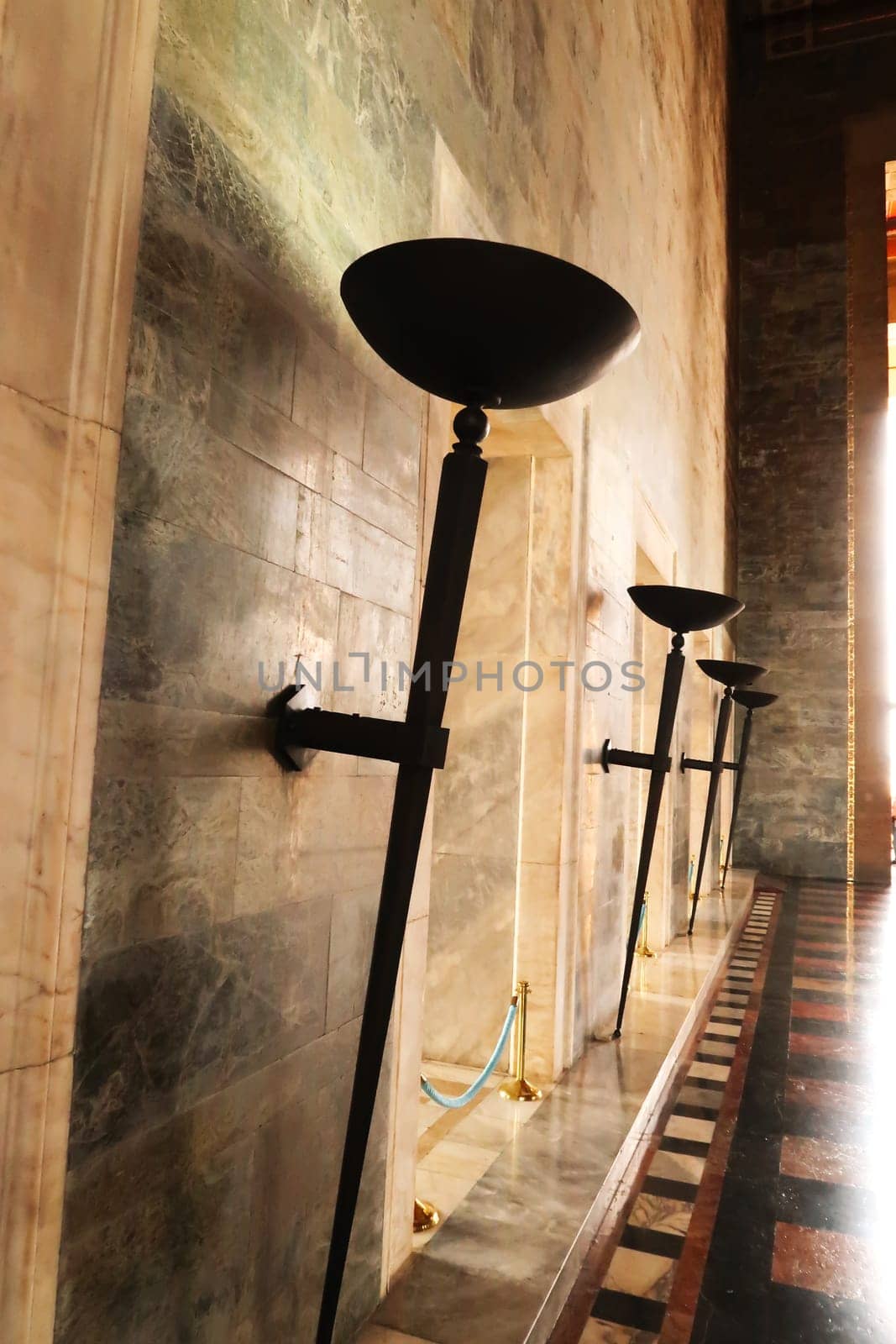 The artistic black metal lamps inside the Hall of Honor, the mausoleum that houses the tomb, grave, coffin of Mustafa Kemal Atatürk, Ataturk at the Anitkabir monument, memorial, complex, Ankara, Turkey 2022