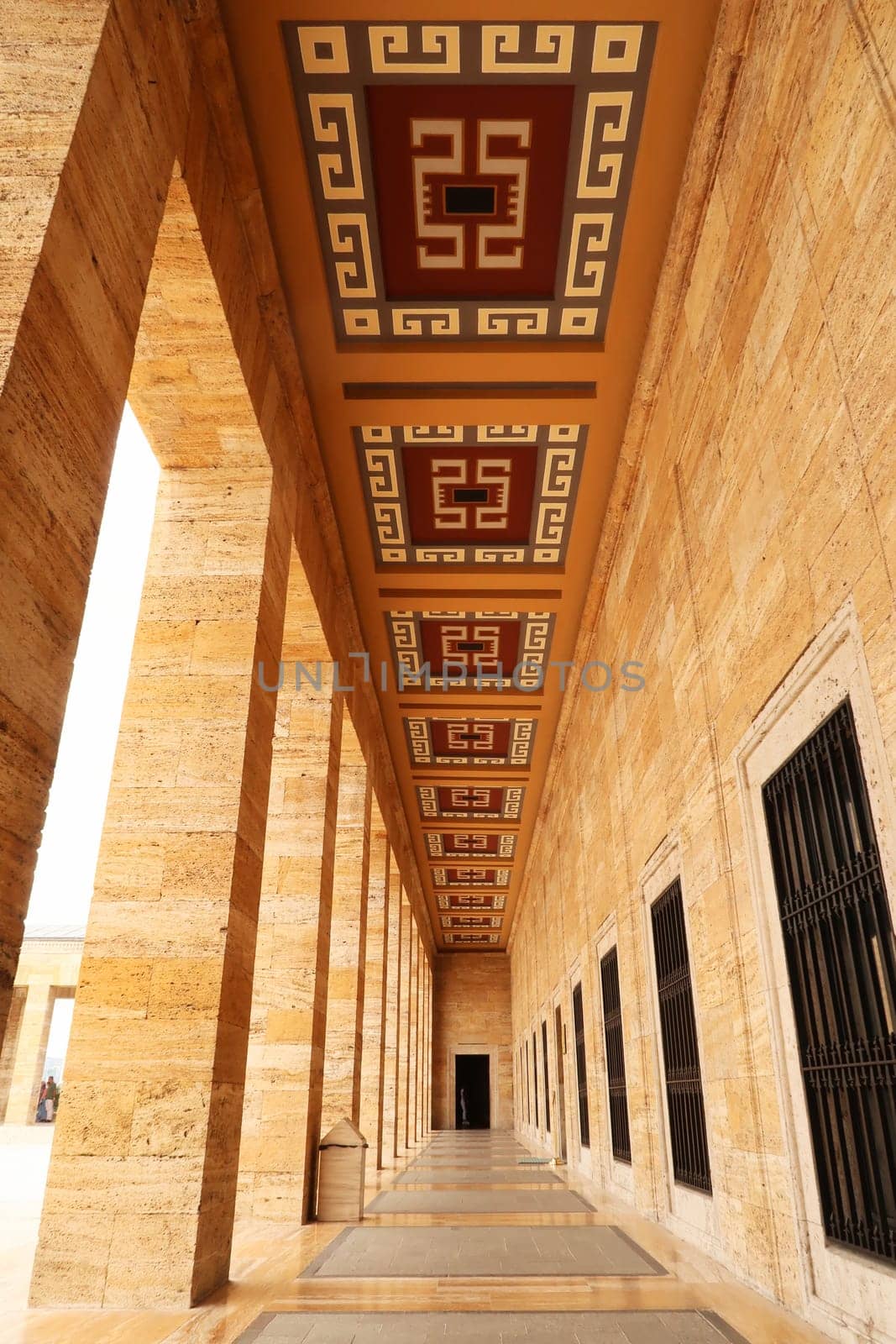 Collonade, aisle with colorful patterns on the ceiling at the Anitkabir monument, complex, memorial, Ankara, Turkey 2022