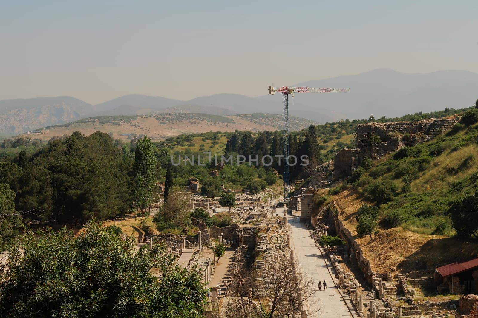 View onto the Marble Street and the Theater Amphitheater at Ephesus near Selcuk, Turkey 2022
